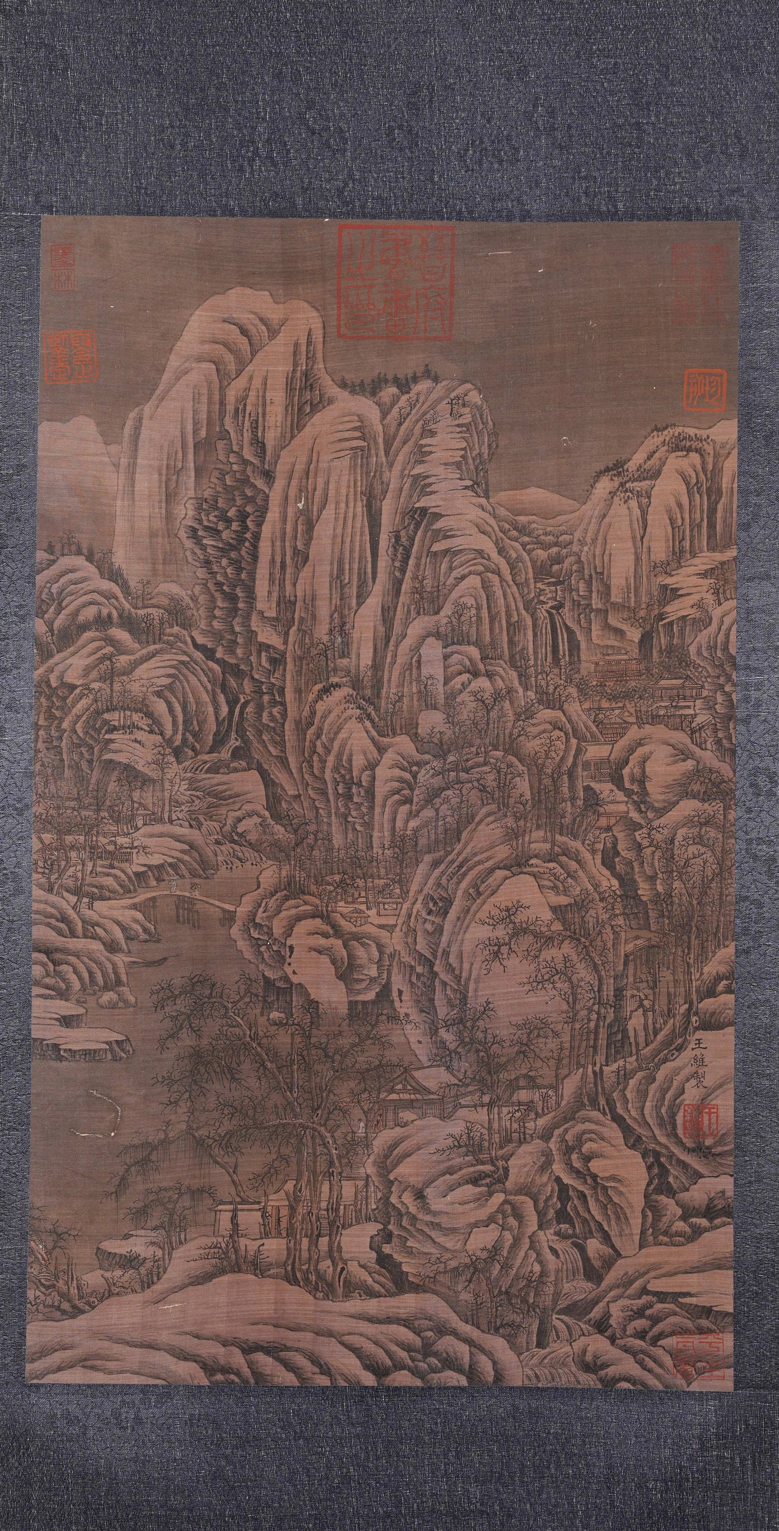 A LANDSCAPE PAINTING ON SILK BY WANG WEI.王維: Landscape painting on silk by Wang Wei.王維