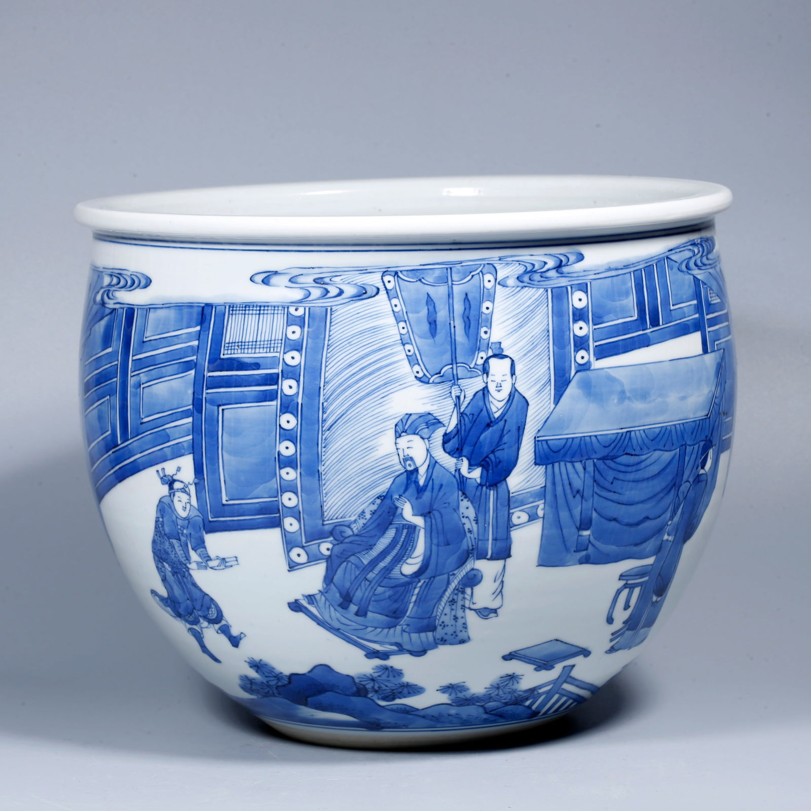 A BLUE-AND-WHITE JAR WITH FIGURE STORY MOTIF: Blue-and-white jar with figure story motif