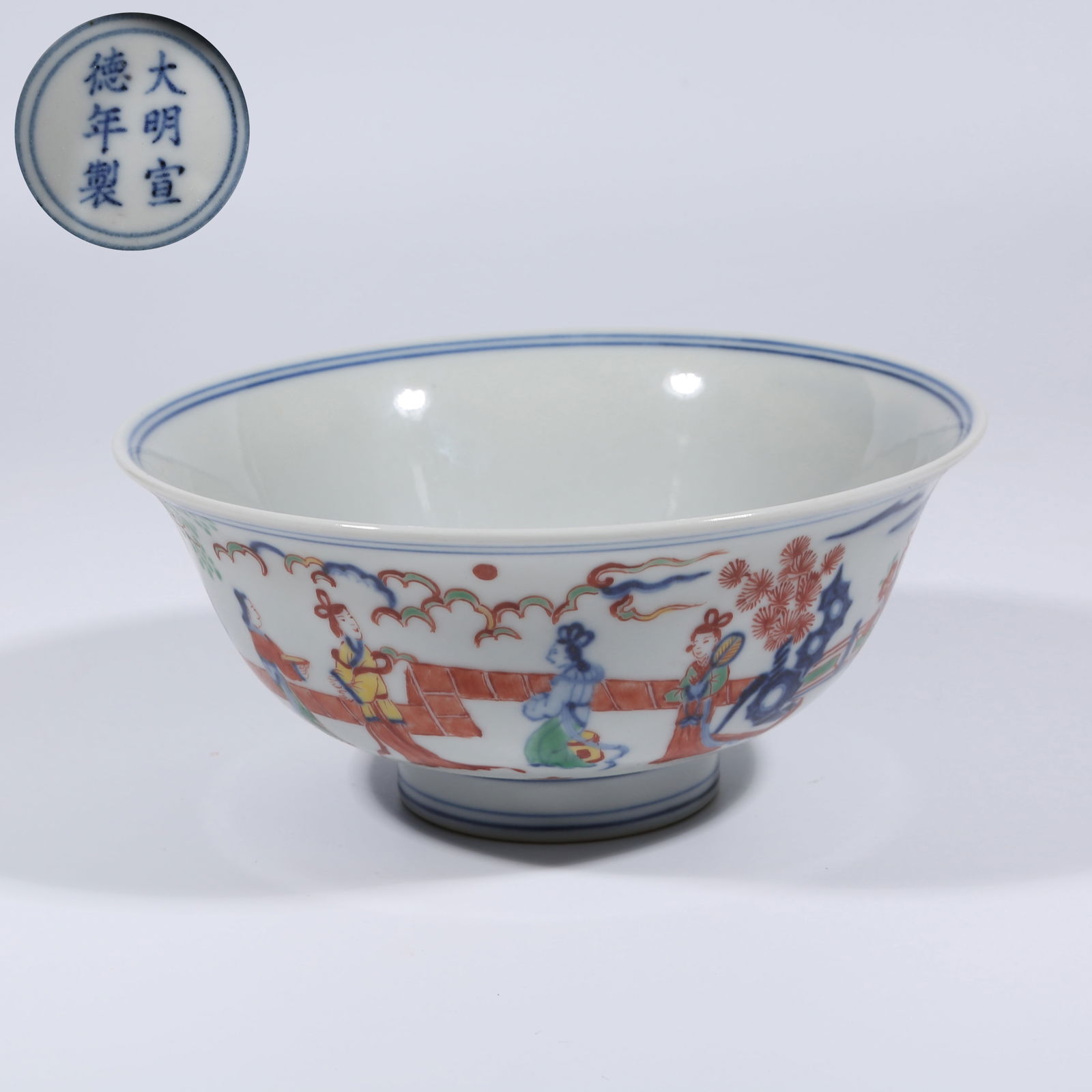 A BLUE AND WHITE POLYCHROME BOWL WITH FIGURATIVE STORY SCENE: Blue and White Polychrome Bowl with Figurative Story Scene