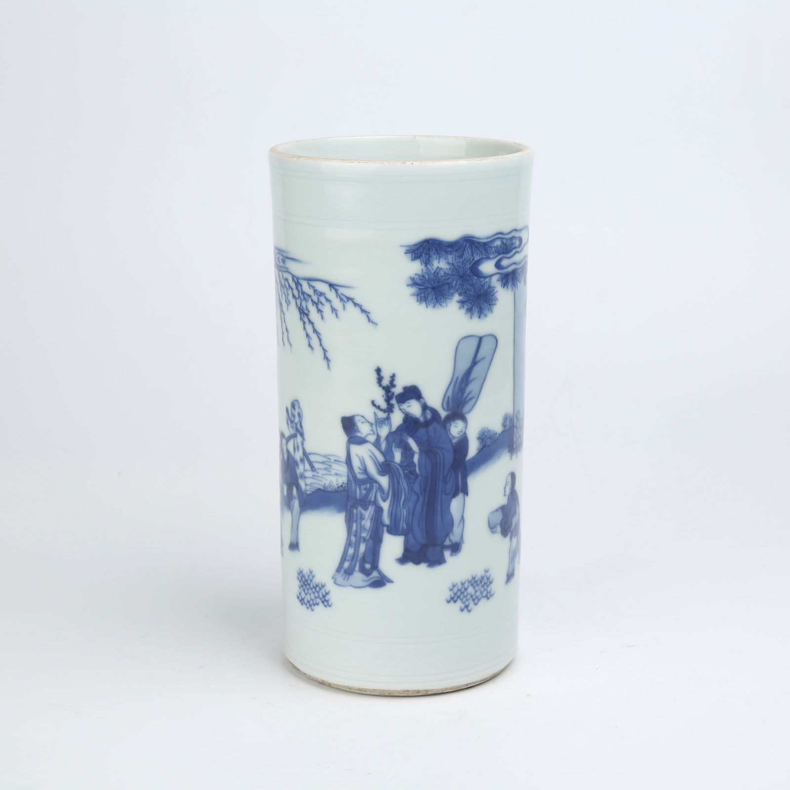 A BLUE AND WHITE BRUSH POT WITH FIGURATIVE STORY (1 of 9)