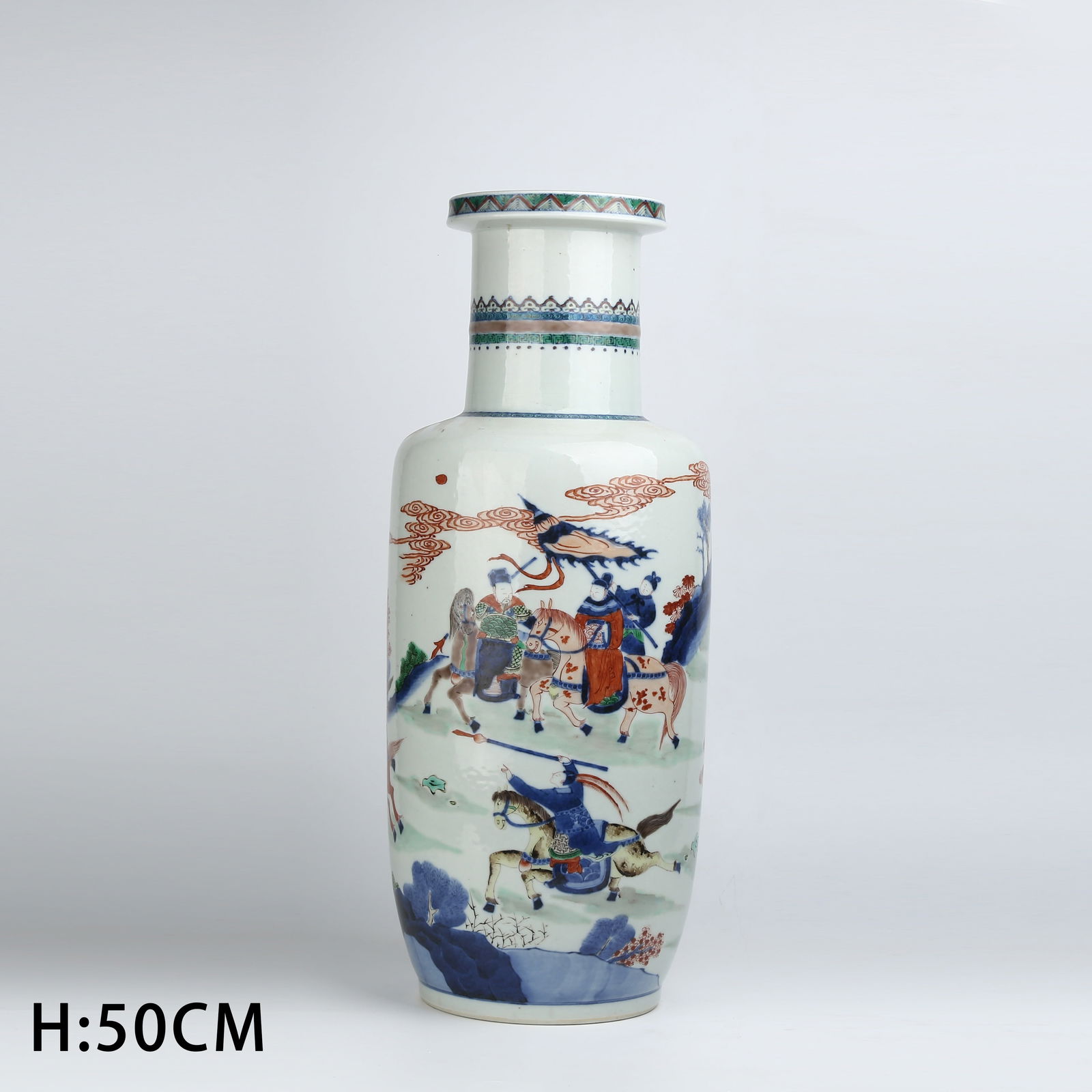 A BLUE AND WHITE WUCAI DAO MA FIGURATIVE STORY CLUB-SHAPED VASE: Blue and White Wucai Dao Ma Figurative Story Club-Shaped Vase