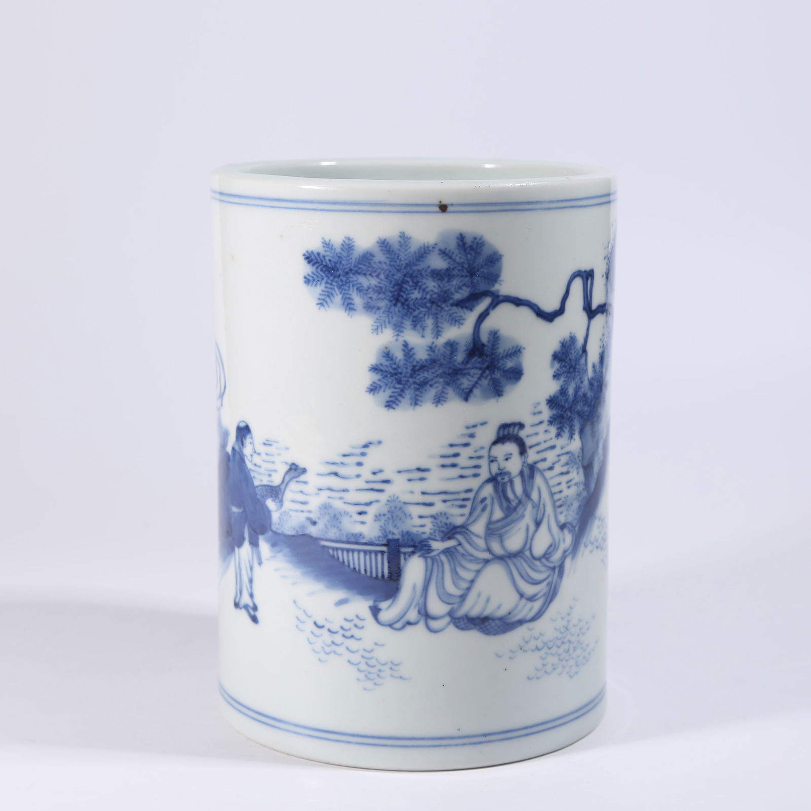 A BLUE-AND-WHITE BRUSH HOLDER WITH LANDSCAPE AND FIGURE DESIGN (1 of 9)