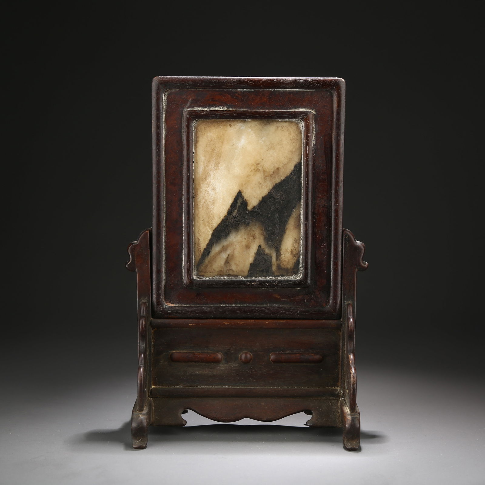 A ROSEWOOD INKSTONE SCREEN INLAID WITH CLOUD-PATTERNED STONE (1 of 9)