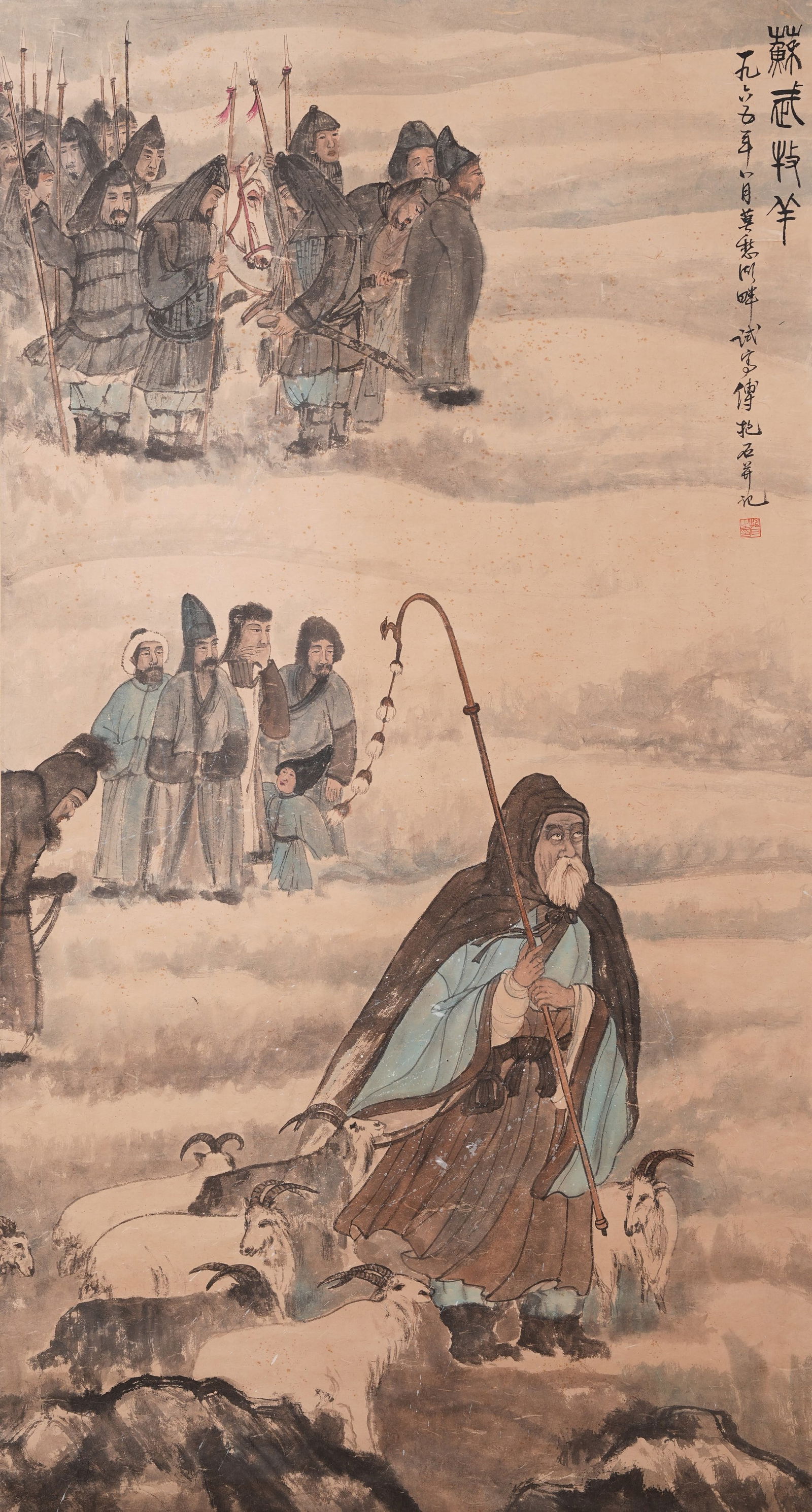 A "SU WU HERDING SHEEP" PAINTING ON PAPER BY FU BAOSHI.傅抱石: "Su Wu Herding Sheep" painting on paper by Fu Baoshi.傅抱石
