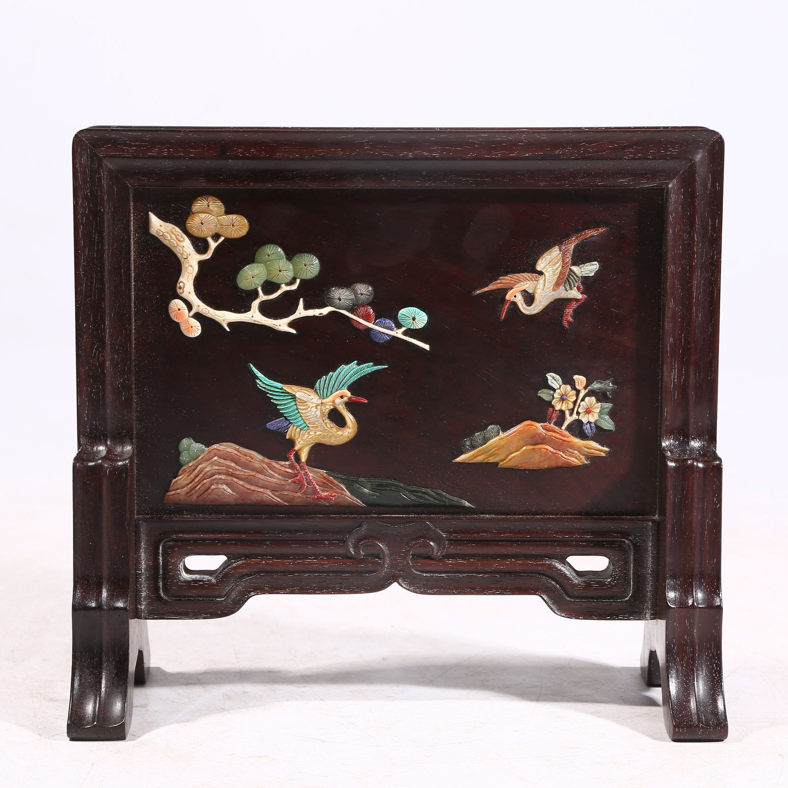 A HUANGHUALI WOOD TABLE SCREEN WITH PRECIOUS INLAYS, PINE AND CRANE SYMBOLIZING LONGEVITY: Huanghuali Wood Table Screen with Precious Inlays, Pine and Crane Symbolizing Longevity