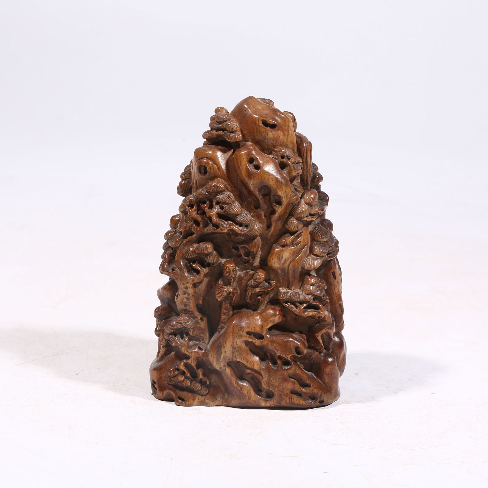 A HUANGHUALI WOOD LANDSCAPE ORNAMENT DEPICTING FIGURES AND STORIES: Huanghuali Wood Landscape Ornament Depicting Figures and Stories