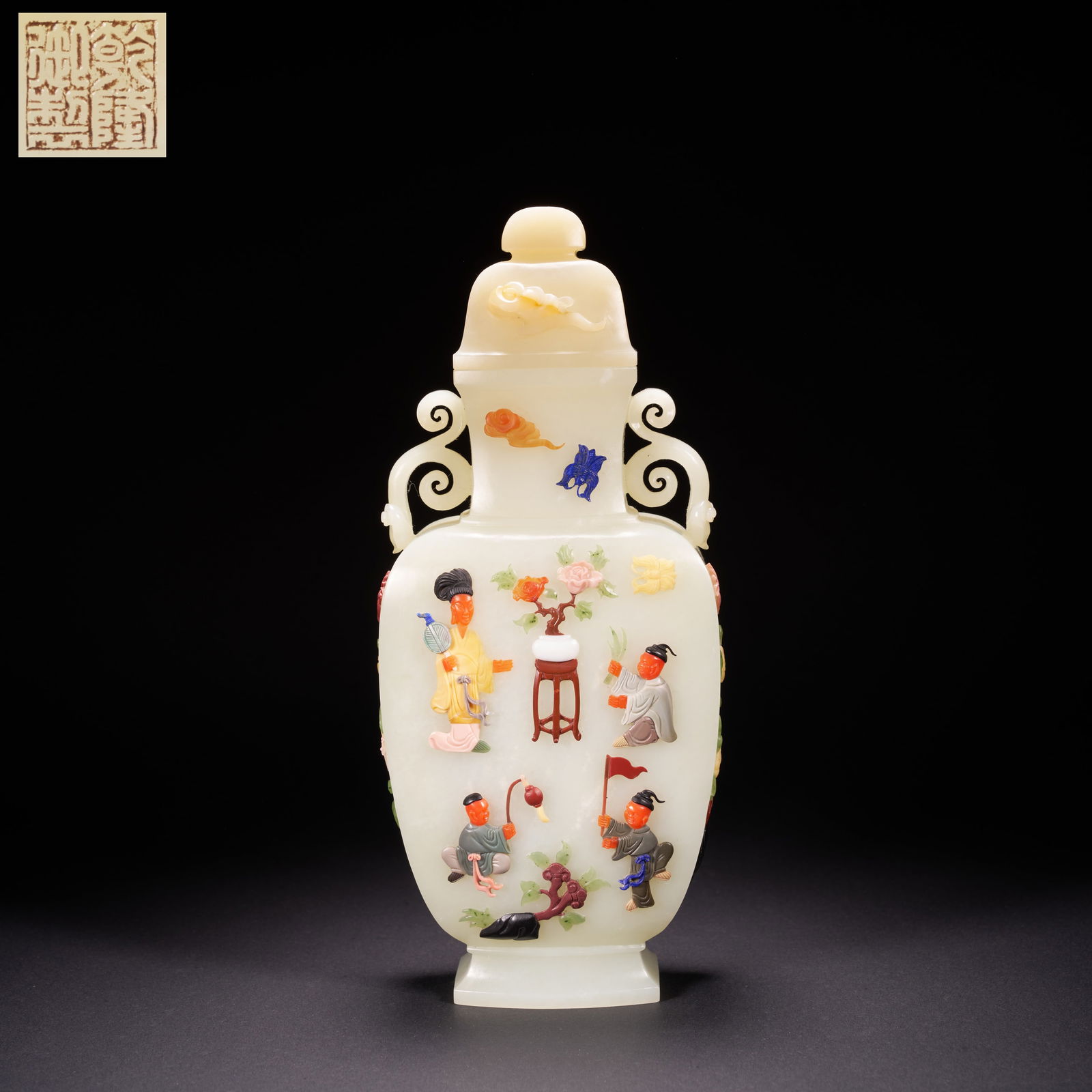 A HETIAN JADE LIDDED VASE WITH RUYI-SHAPED HANDLES, INLAID WITH PRECIOUS MATERIALS DEPICTING A (1 of 8)