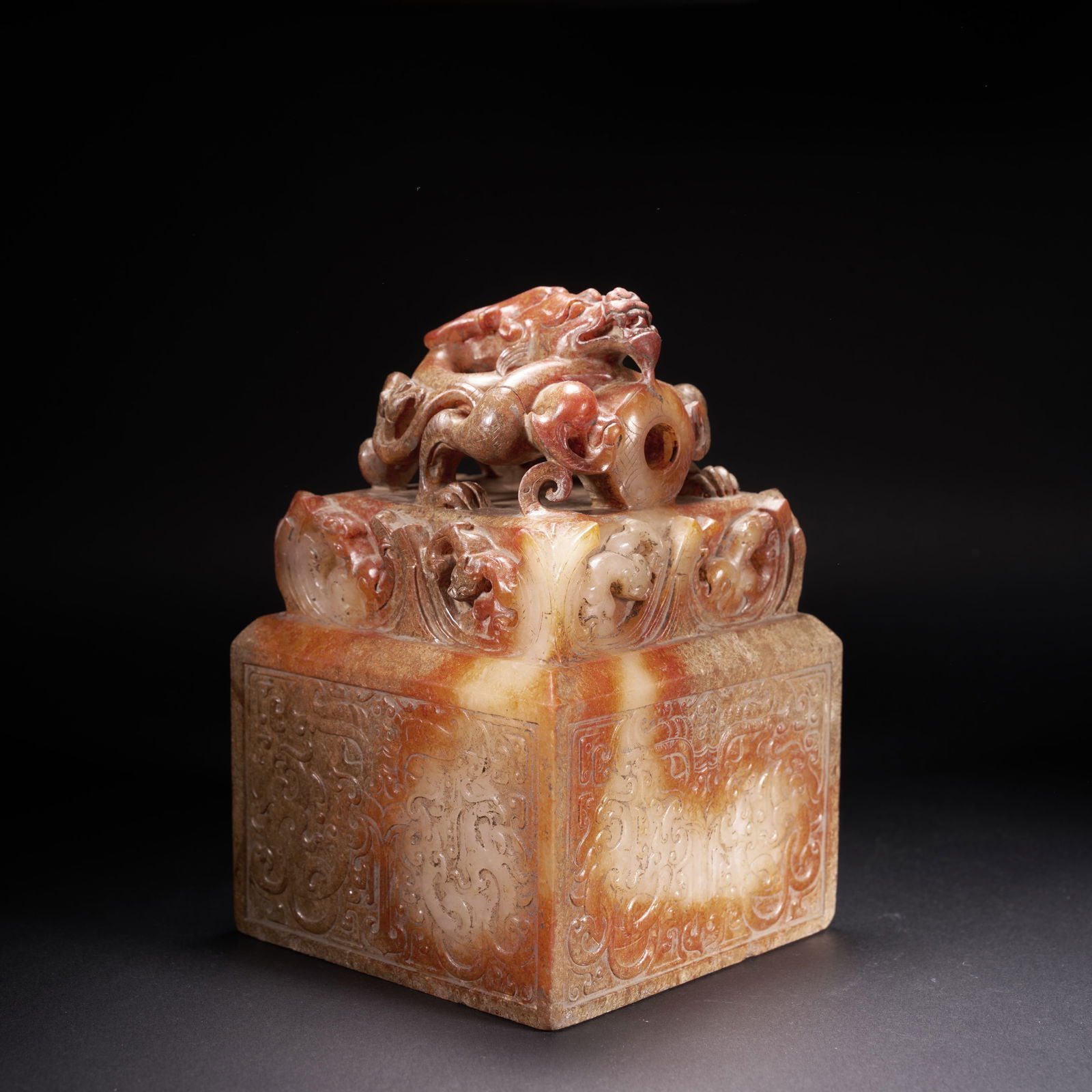 A HETIAN JADE SEAL WITH DRAGON FINIAL, HAN DYNASTY: Hetian jade seal with dragon finial, Han Dynasty