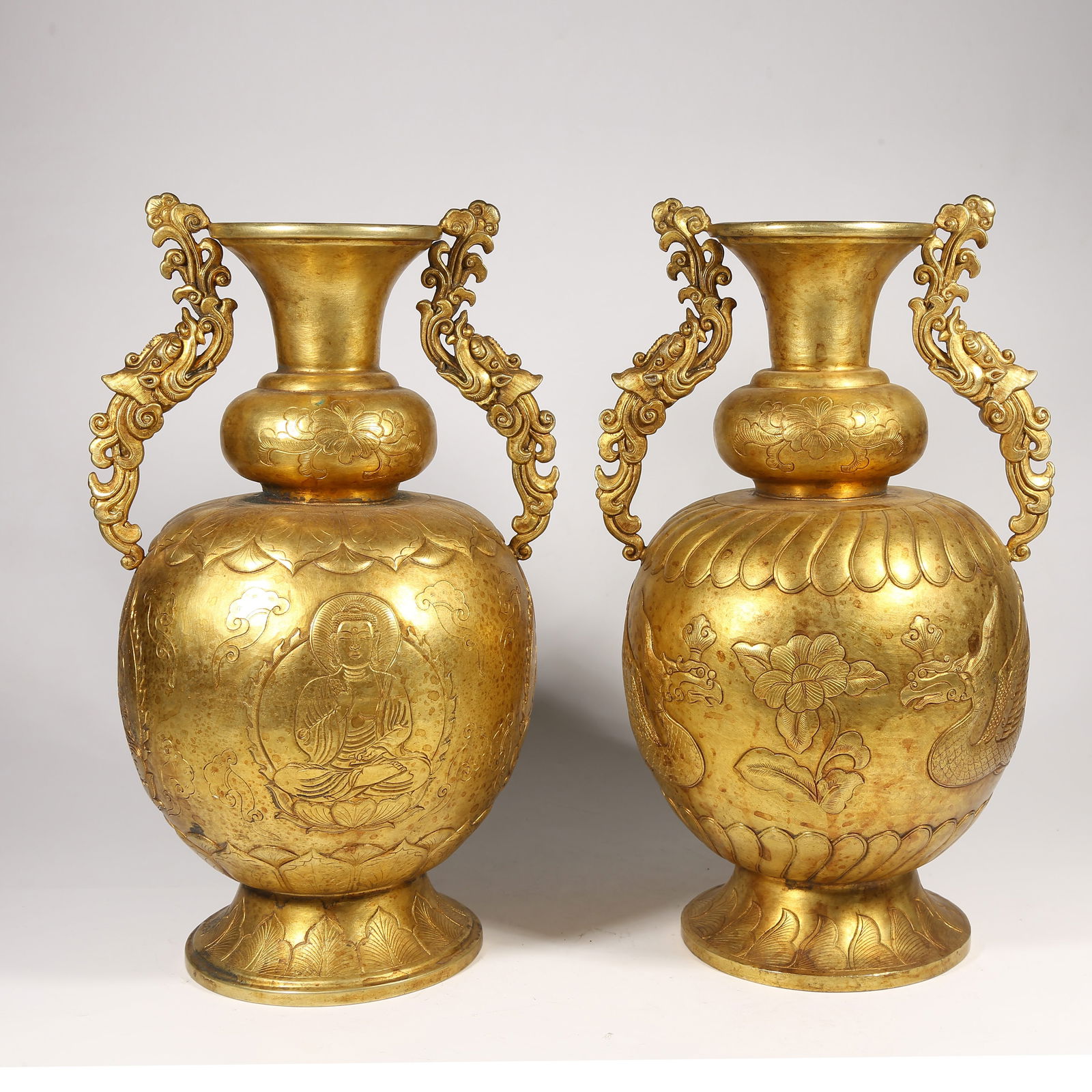 A GILDED BRONZE DRAGON-HANDLED VASES, PAIR: Gilded Bronze Dragon-Handled Vases, Pair