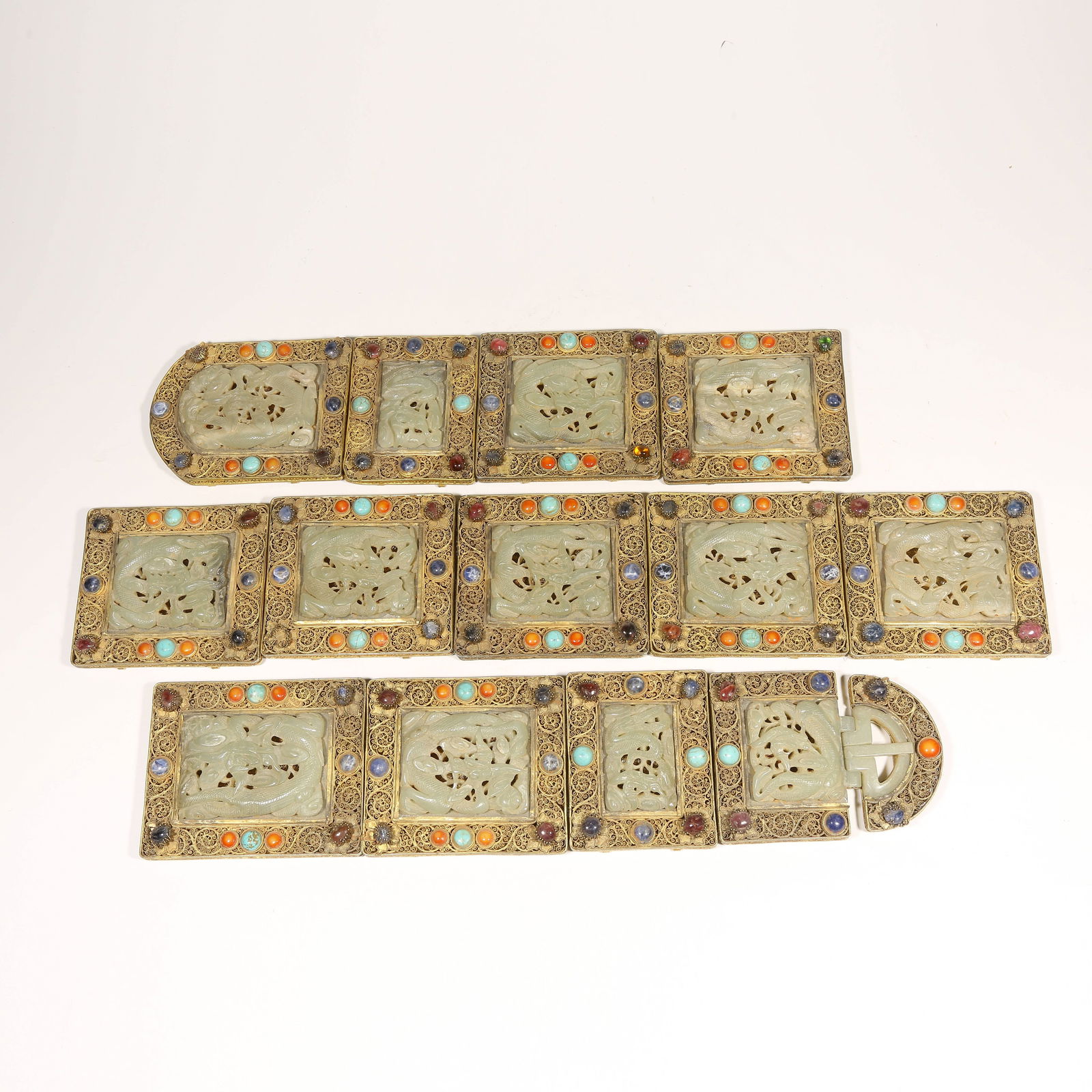 A GILDED SILVER FILIGREE BELT BUCKLE SET INLAID WITH GEMSTONES AND HETIAN JADE (1 of 6)