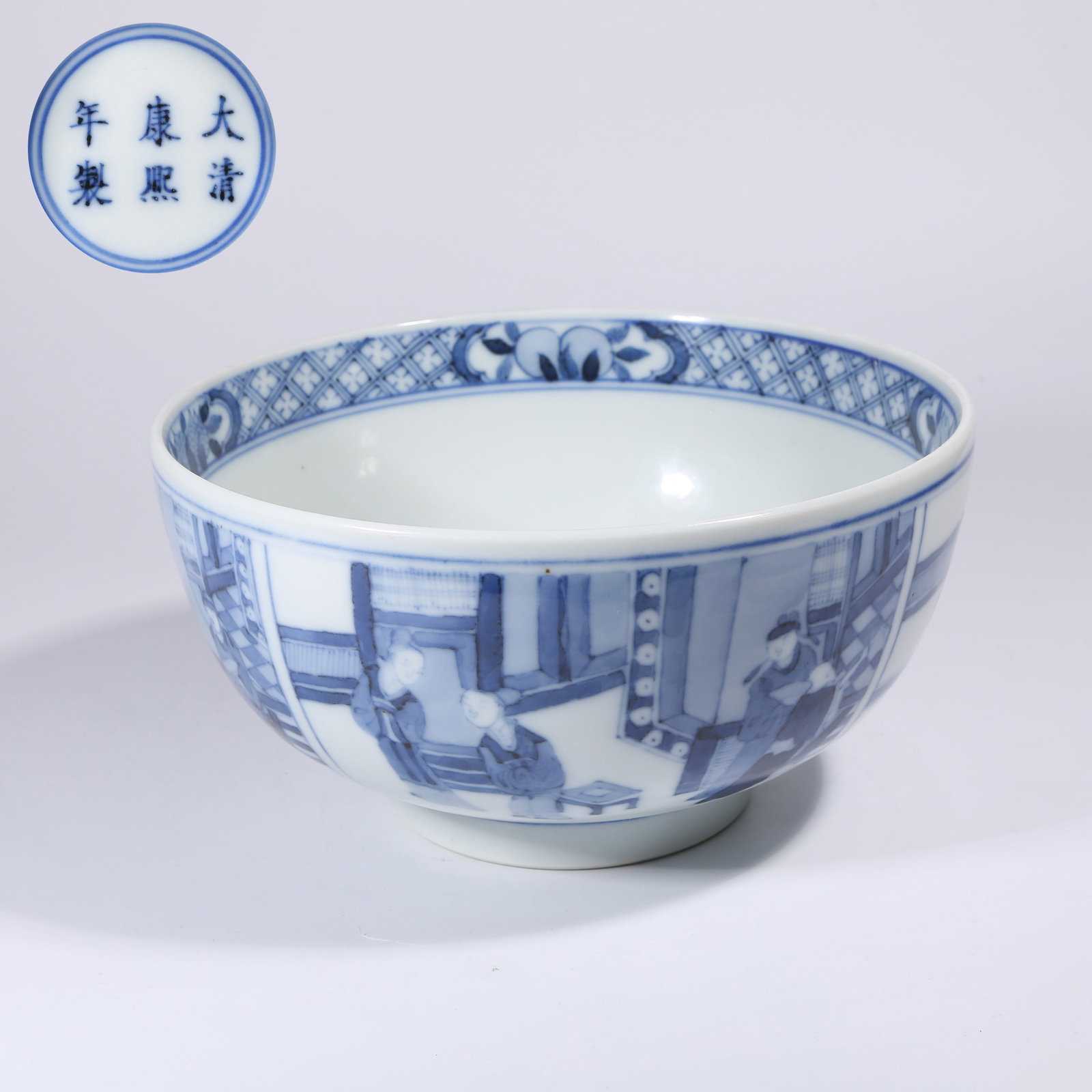 A BLUE-AND-WHITE BLOCK-FORM BOWL WITH FIGURAL STORY SCENES (1 of 9)
