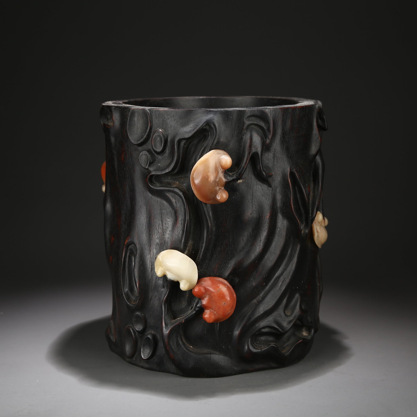 A ZITAN BRUSH POT INLAID WITH SHOUSHAN STONE AND LINGZHI MOTIF (1 of 10)