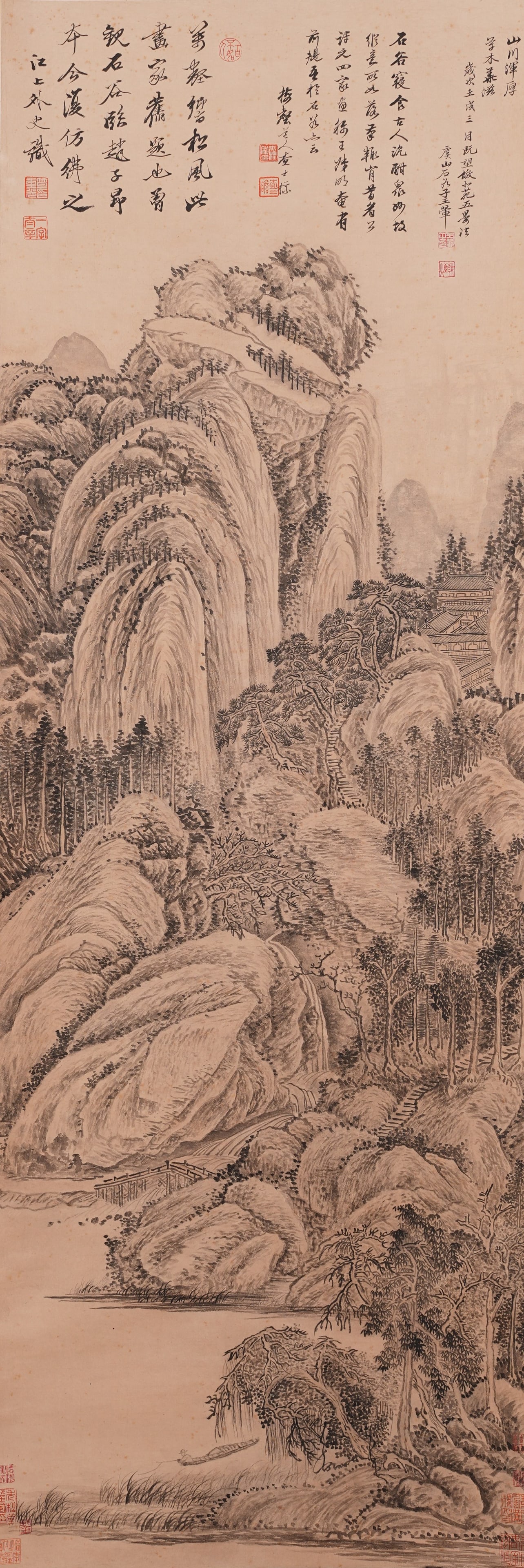 A LANDSCAPE PAINTING ON PAPER BY WANG HUI.王翚: Landscape painting on paper by Wang Hui.王翚