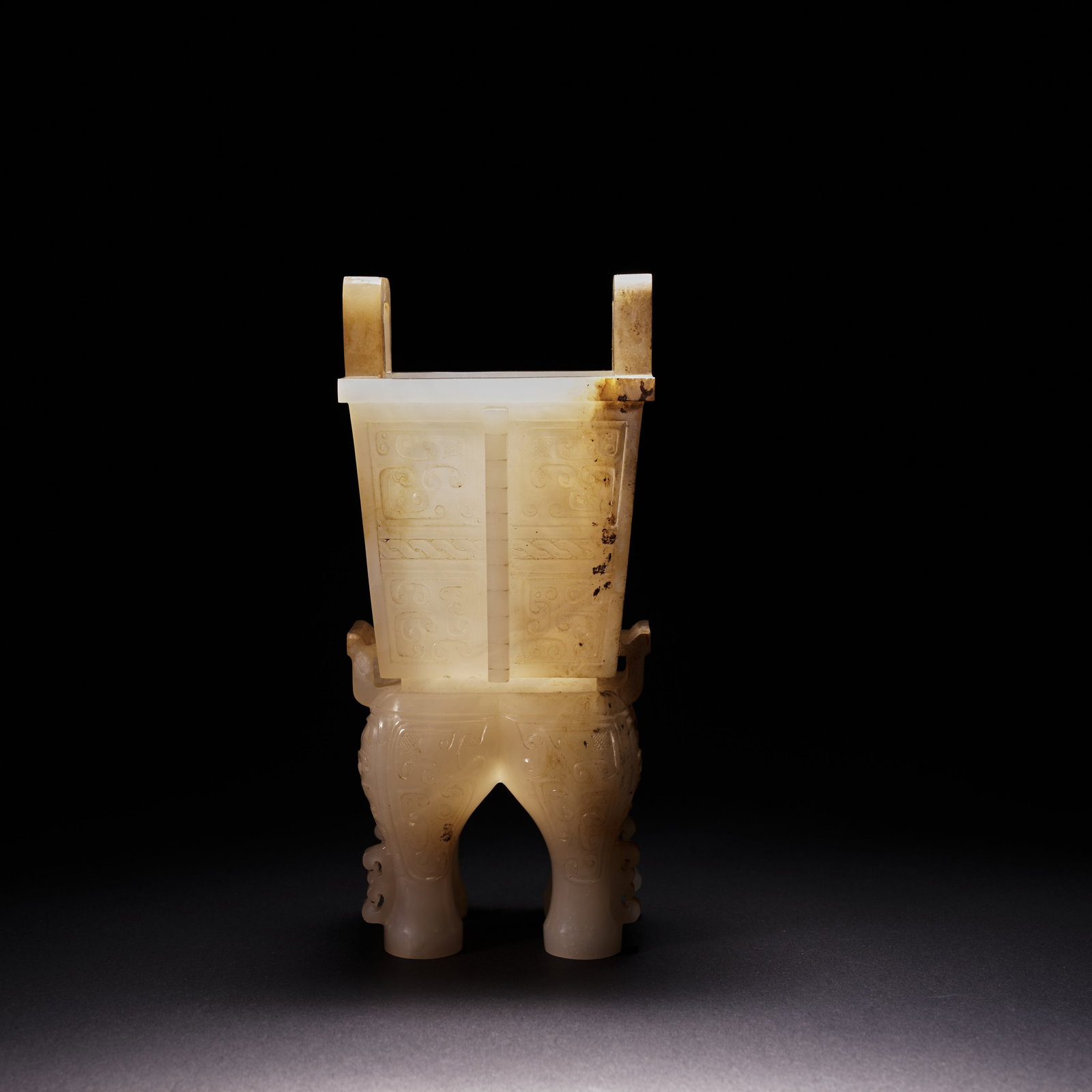 A FOUR SQUARE DING-FORM CENSERS OF HETIAN JADE, HAN DYNASTY: Four square ding-form censers of Hetian jade, Han Dynasty