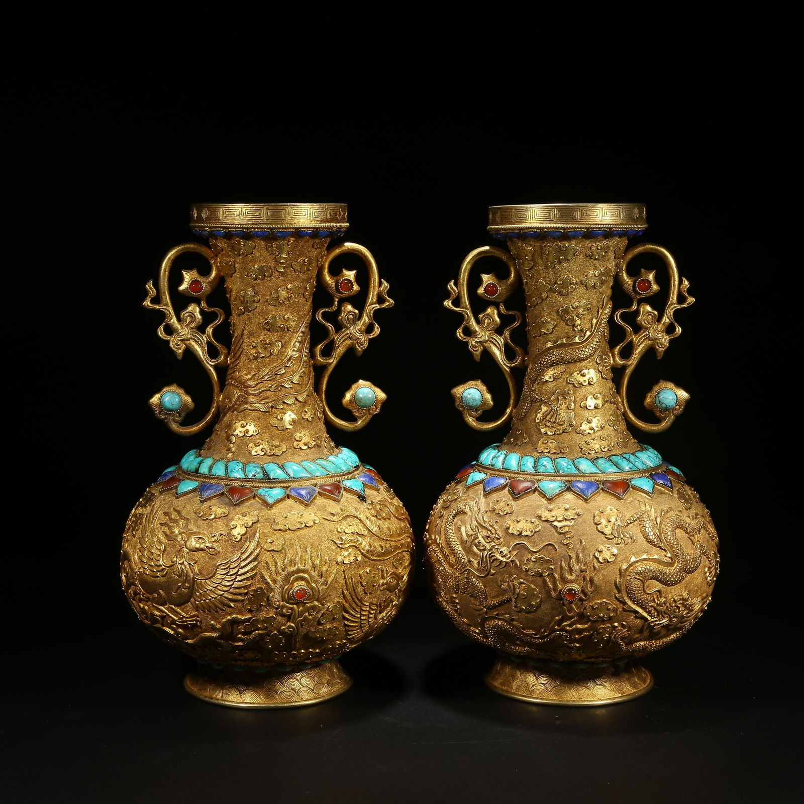 A GILDED BRONZE DOUBLE-HANDLED VASES INLAID WITH GEMSTONES, CLOUD AND DRAGON PATTERN, PAIR (1 of 10)