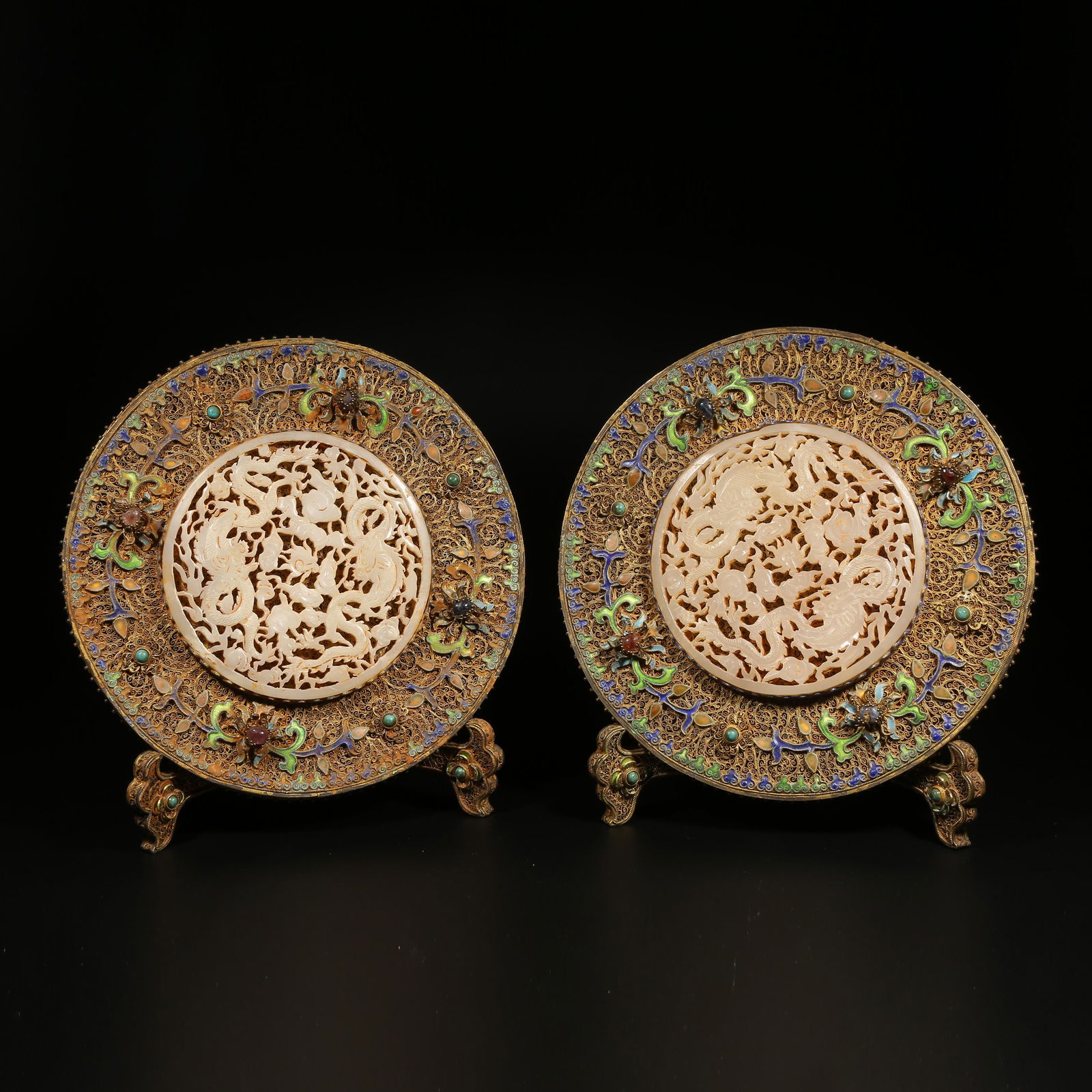 A GILDED SILVER FILIGREE CLOISONNÉ ORNAMENT SET INLAID WITH GEMSTONES AND HETIAN JADE, DRAGON (1 of 9)