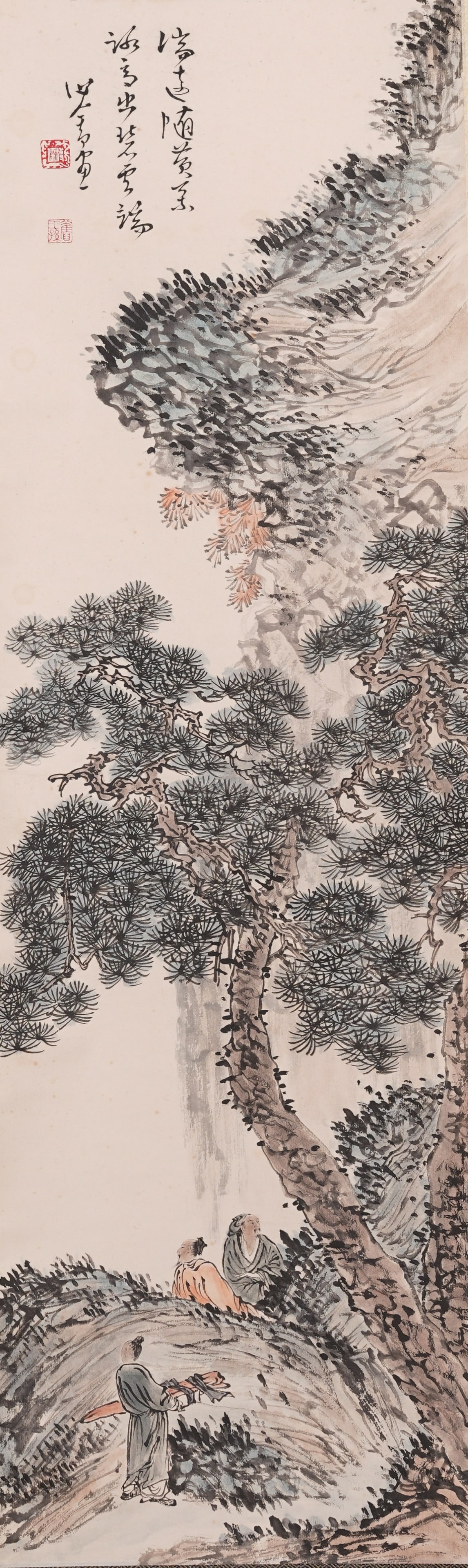 A SCHOLAR BENEATH PINE TREES PAINTING ON PAPER BY PU RU.溥儒: Scholar beneath pine trees painting on paper by Pu Ru.溥儒