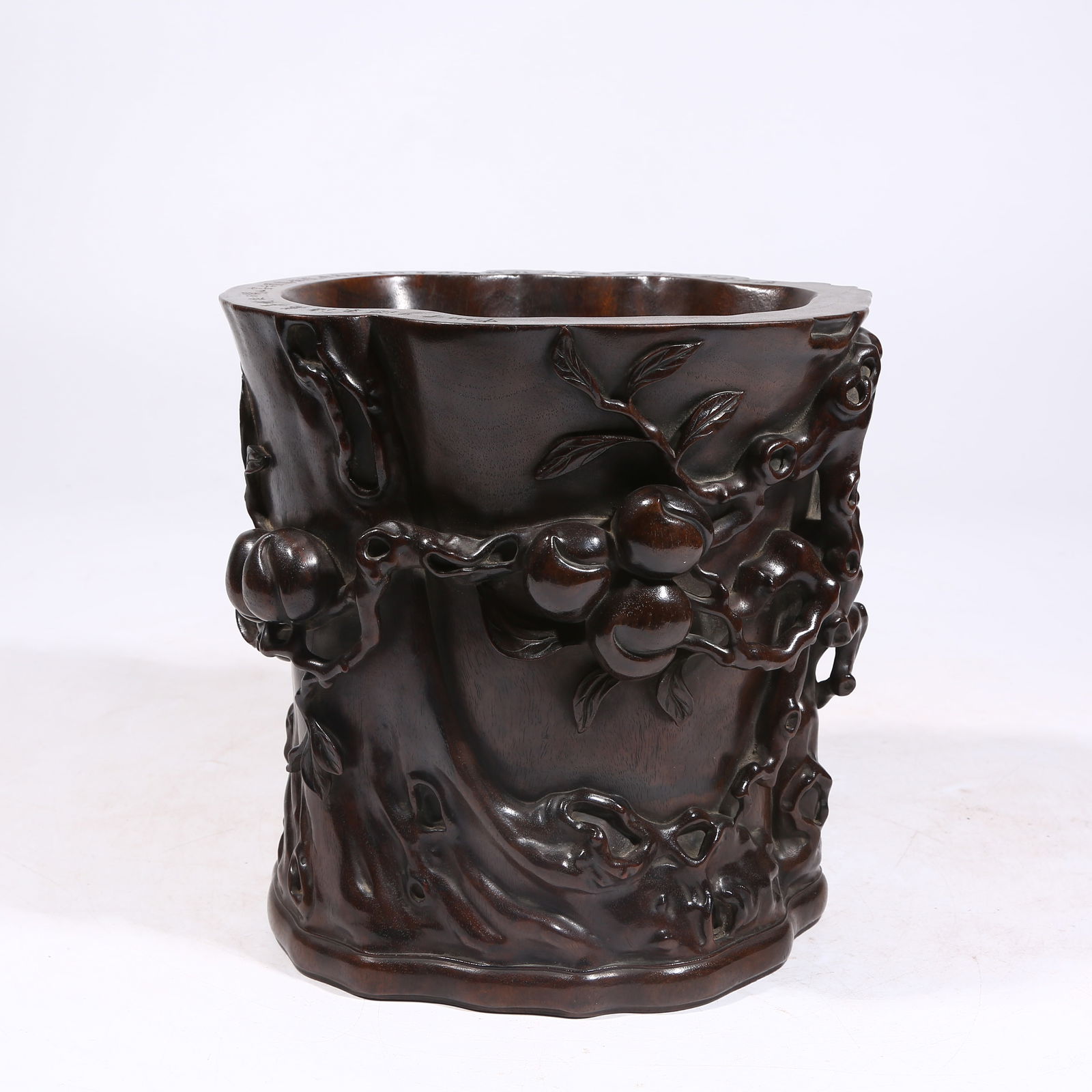 A ZITAN WOOD CARVED BRUSH POT WITH LONGEVITY PEACH MOTIF (1 of 9)