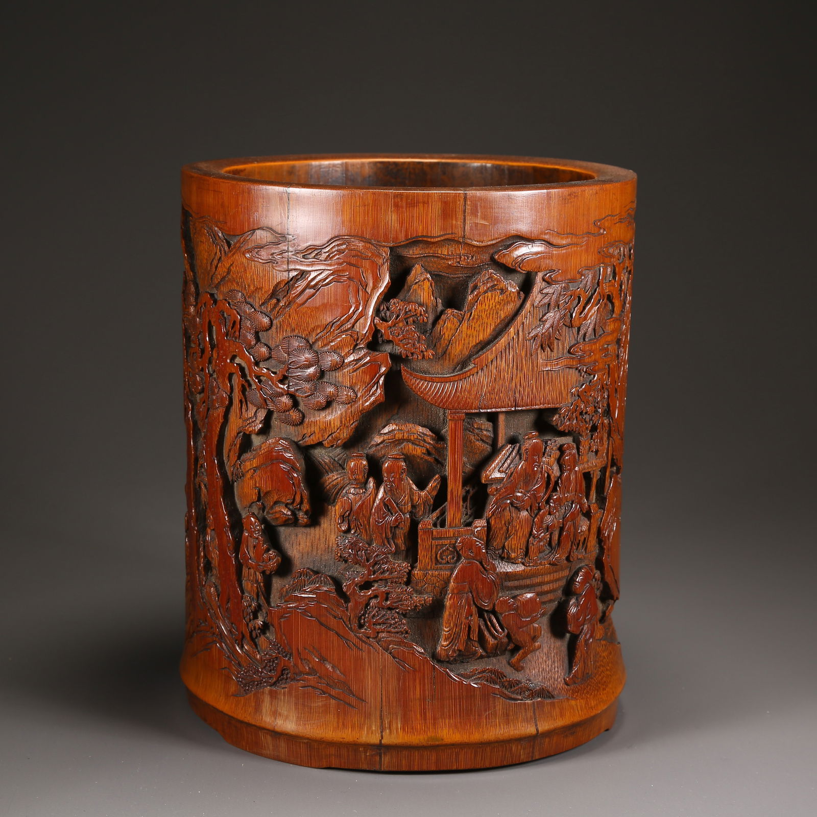 A BAMBOO-CARVED BRUSH POT WITH "GUO ZIYI CELEBRATING HIS BIRTHDAY" SCENE: Bamboo-Carved Brush Pot with "Guo Ziyi Celebrating His Birthday" Scene