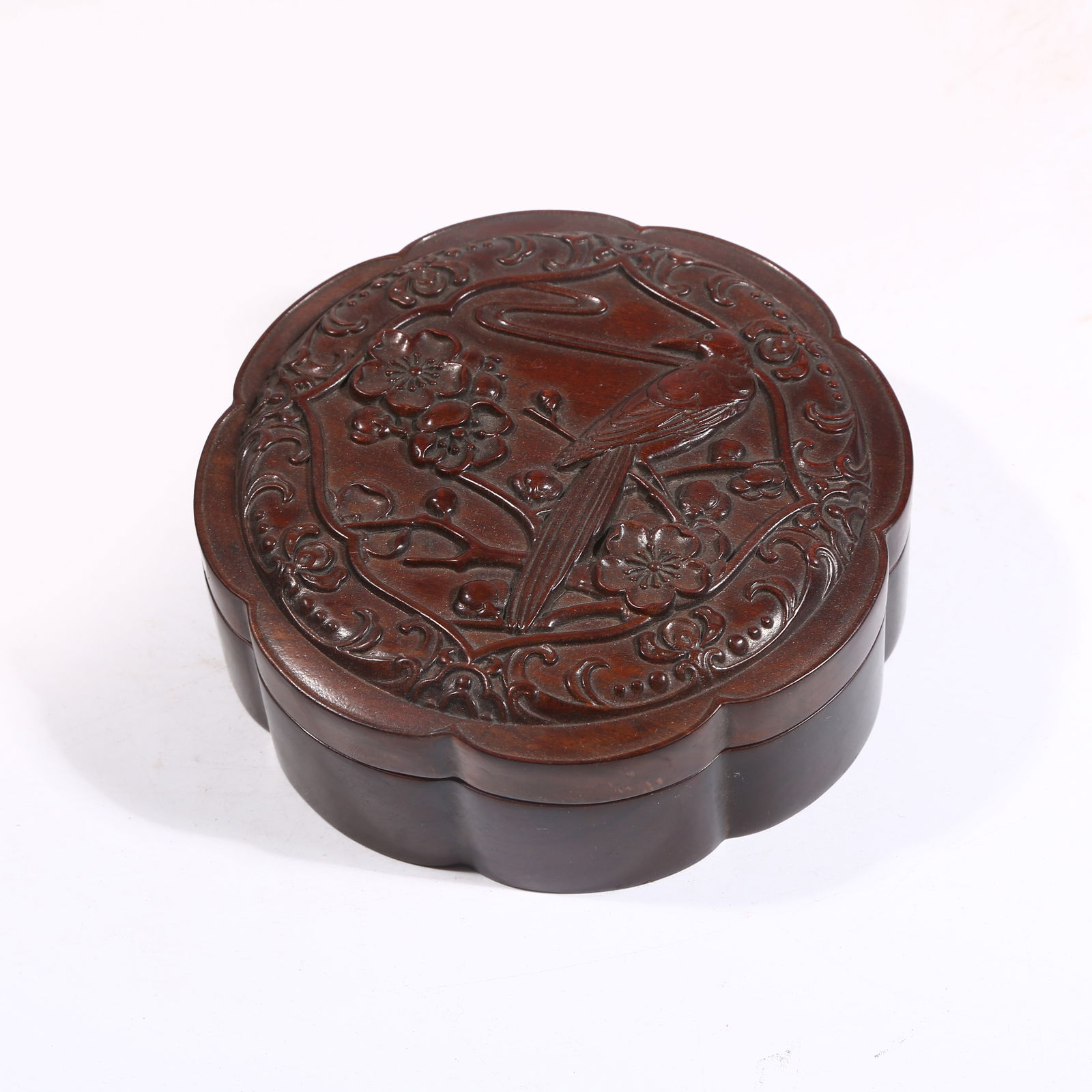 A HUANGHUALI WOOD COVERED BOX WITH FLOWER AND BIRD MOTIF, FLARED RIM DESIGN (1 of 9)
