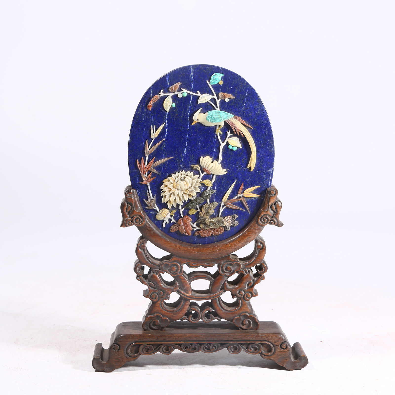 A LAPIS LAZULI TABLE SCREEN WITH PRECIOUS INLAYS, FLOWERS AND BIRDS MOTIF (1 of 8)