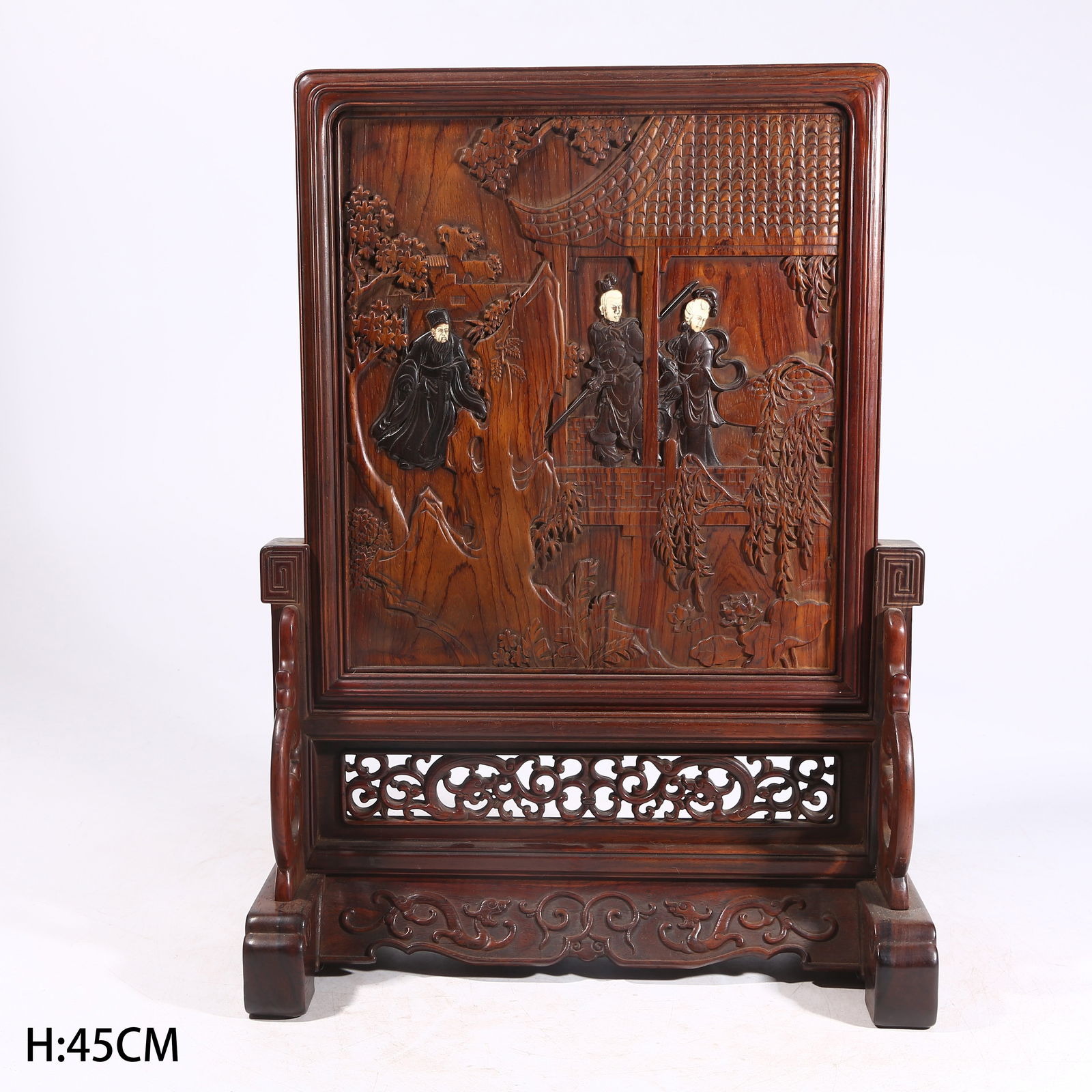 A HUANGHUALI WOOD TABLE SCREEN INLAID WITH ZITAN WOOD, DEPICTING FIGURES AND STORIES (1 of 9)
