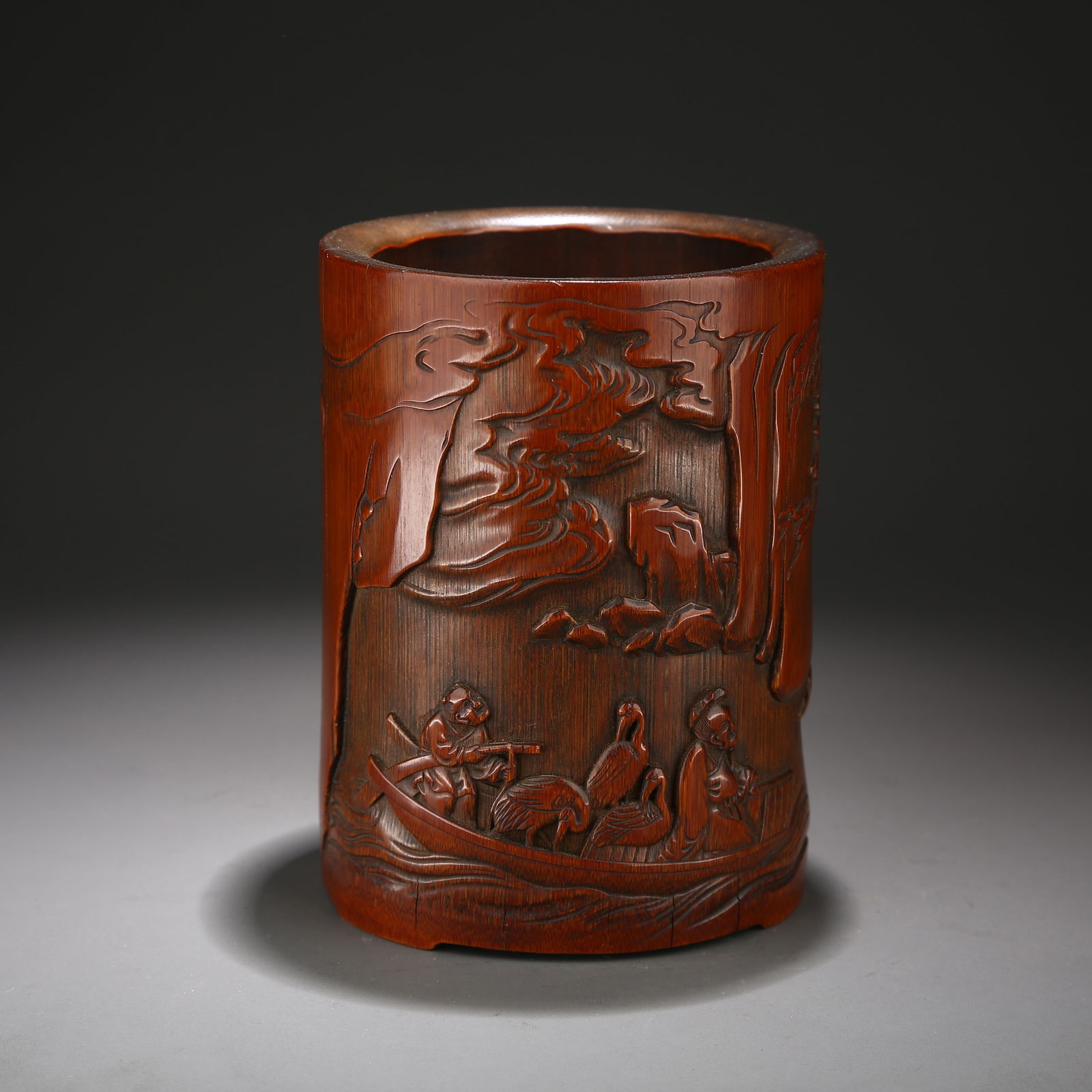 A BAMBOO BRUSH POT WITH BOATING SCENE: Bamboo brush pot with boating scene