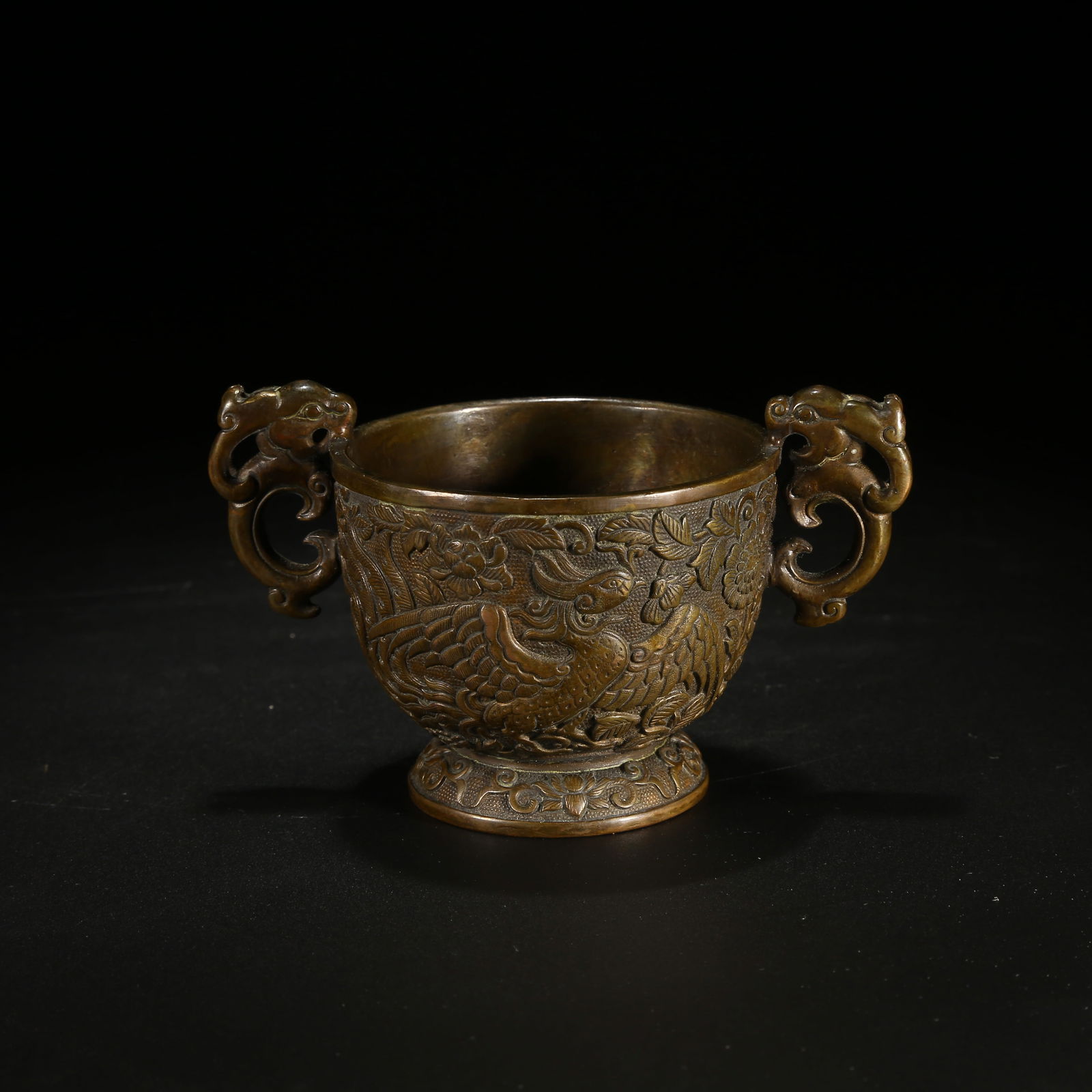 A BRONZE DOUBLE-HANDLED CUP WITH PHOENIX PATTERN (1 of 9)
