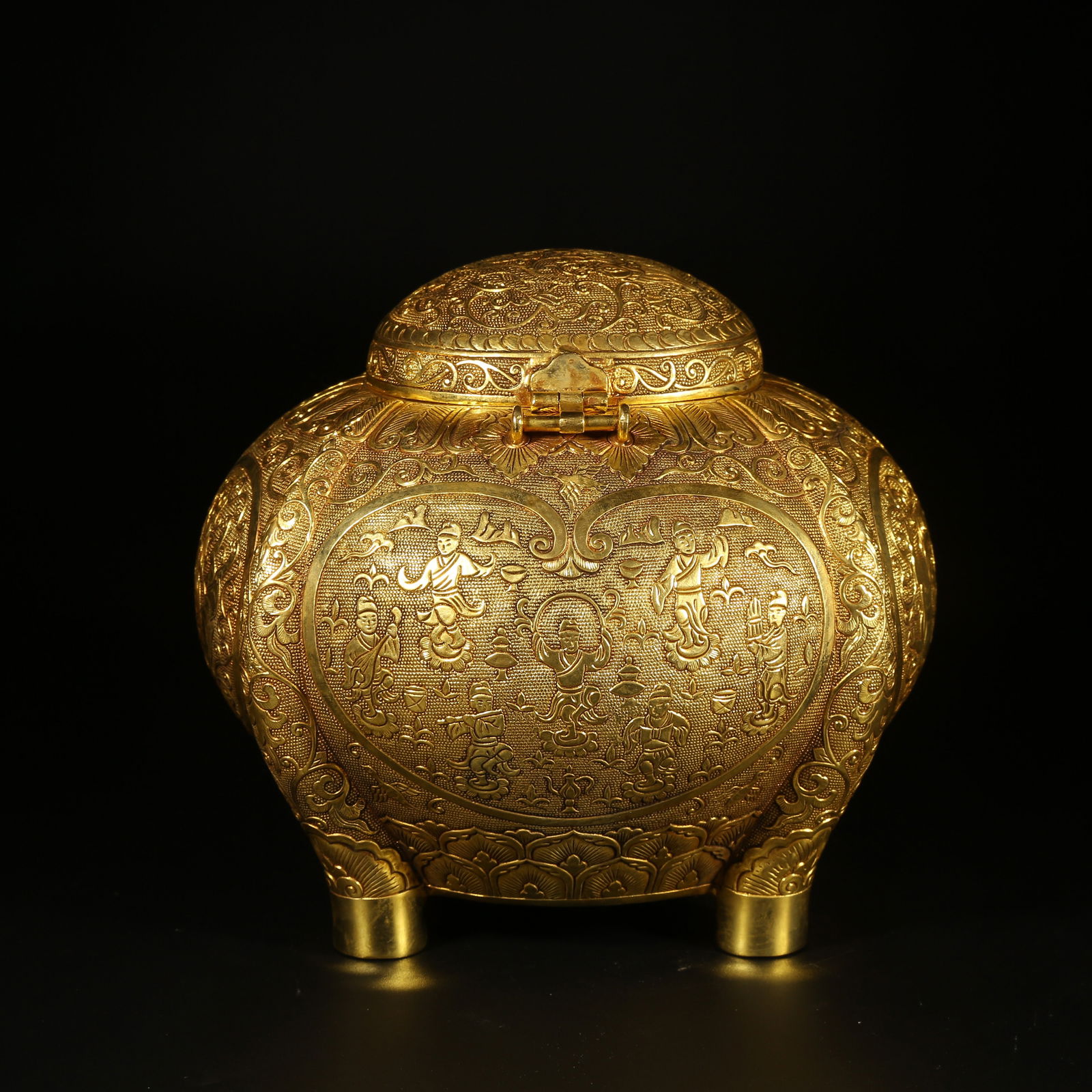 A GILDED BRONZE COVERED JAR WITH FIGURES AND AUSPICIOUS BEAST PATTERN: Gilded Bronze Covered Jar with Figures and Auspicious Beast Pattern