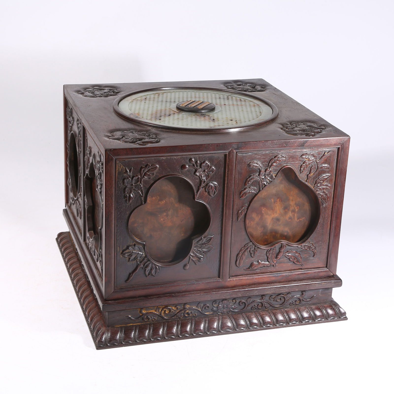 A HUANGHUALI WOOD MECHANISM BOX INLAID WITH HETIAN JADE BI AND AUSPICIOUS FRUIT PATTERN (1 of 9)
