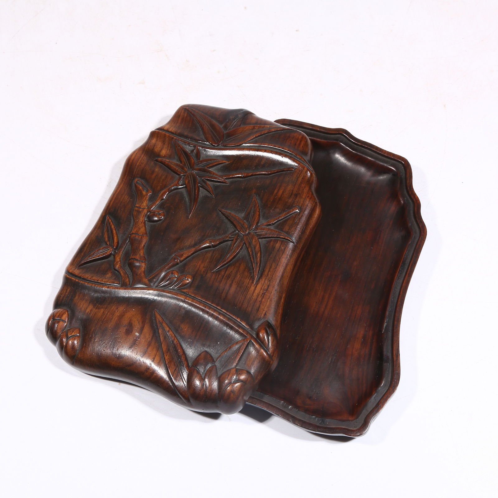 A HUANGHUALI WOOD INKSTONE COVERED BOX WITH FLOWER AND PLANT MOTIF (1 of 9)