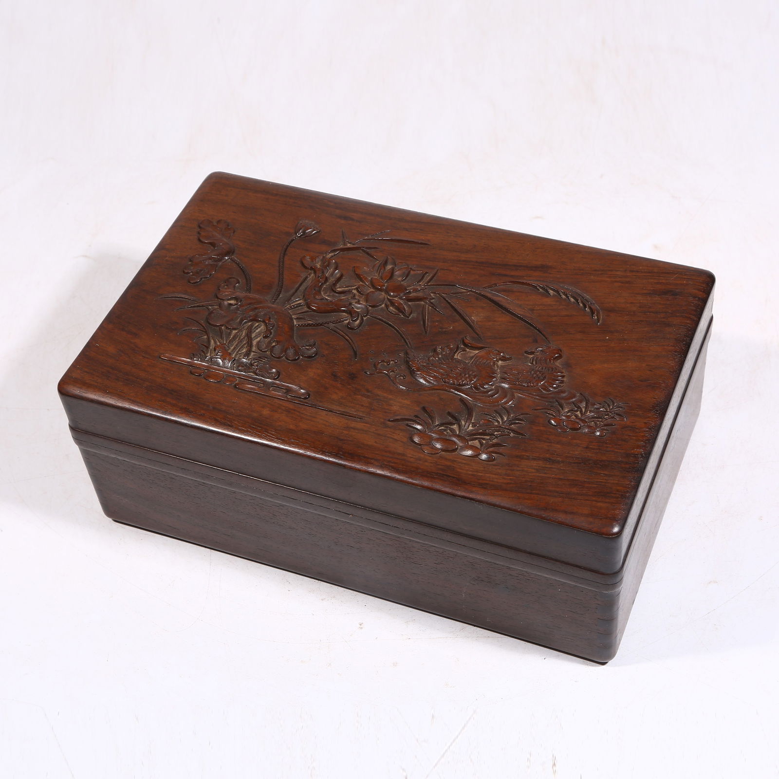 A HUANGHUALI WOOD COVERED BOX WITH LOTUS POND AND MANDARIN DUCKS (1 of 9)