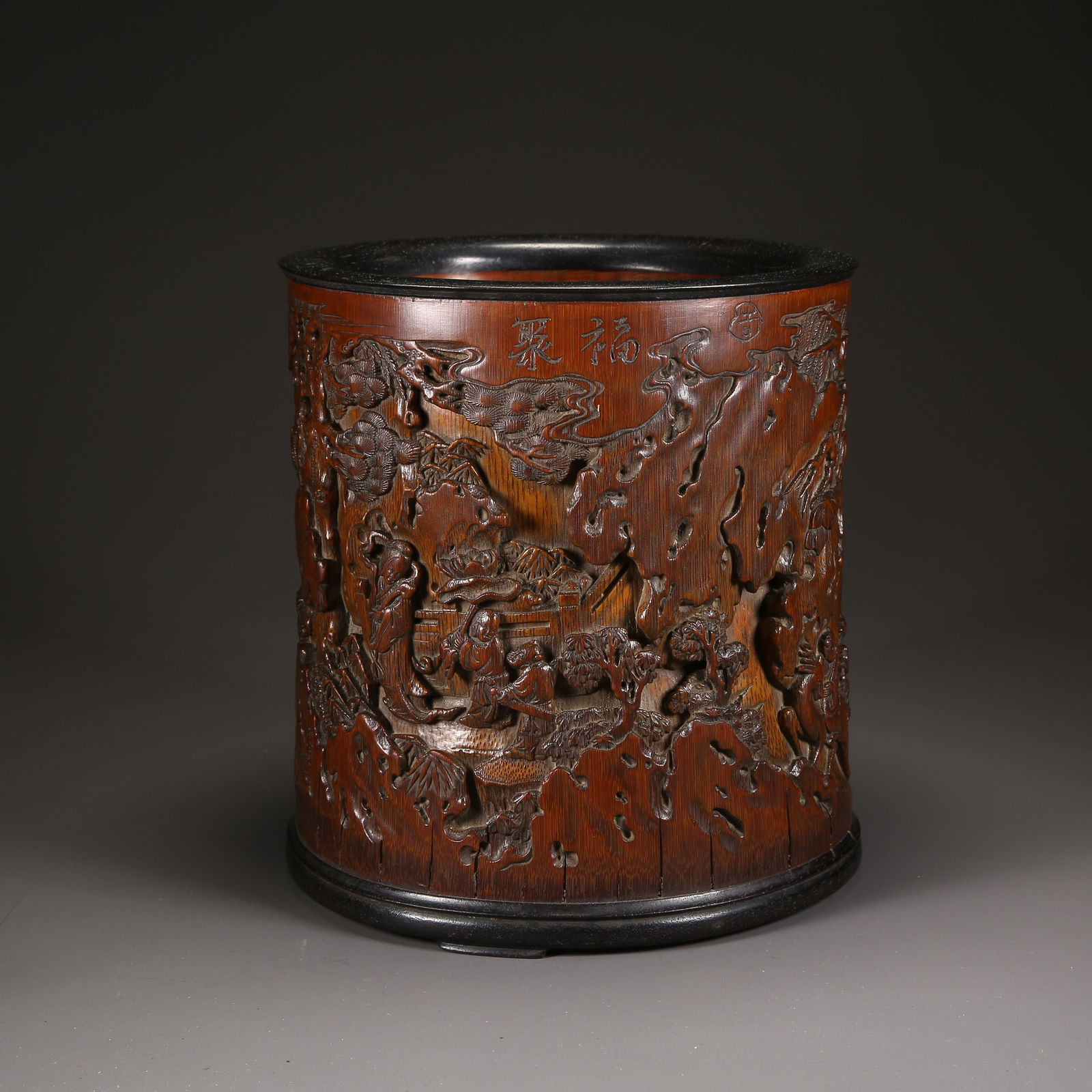 A BAMBOO-CARVED BRUSH POT WITH "GATHERING OF BLESSINGS" MOTIF (1 of 9)