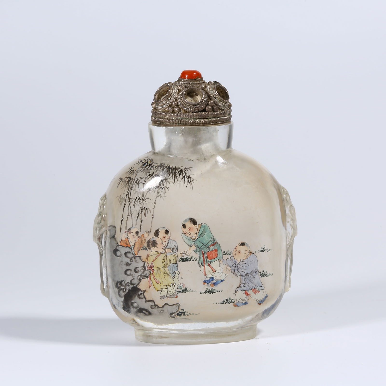 A INSIDE-PAINTED GLASS SNUFF BOTTLE WITH "CHILDREN AT PLAY" SCENE (1 of 9)