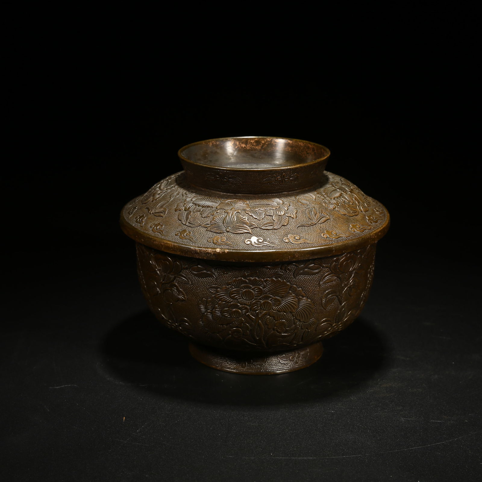 A BRONZE COVERED BOWL WITH FLORAL PATTERN (1 of 8)