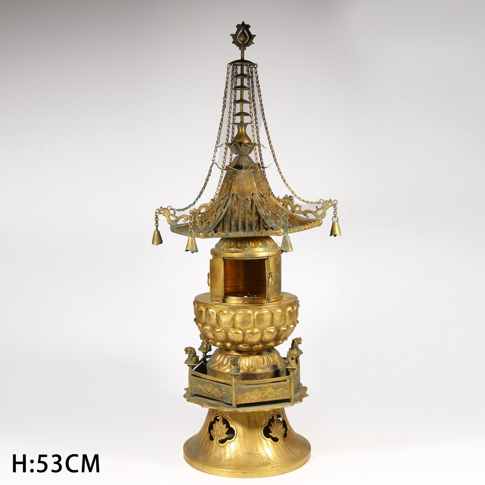 A GILDED BRONZE FLYING APSARAS PATTERN PAGODA: Gilded Bronze Flying Apsaras Pattern Pagoda