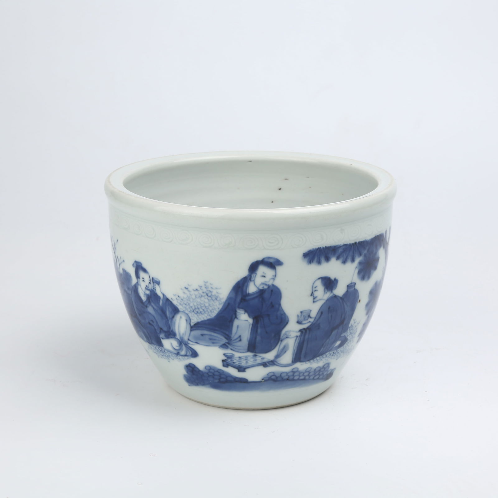 A BLUE AND WHITE SMALL JAR WITH ELEGANT GATHERING OF SCHOLARS DESIGN: Blue and White Small Jar with Elegant Gathering of Scholars Design