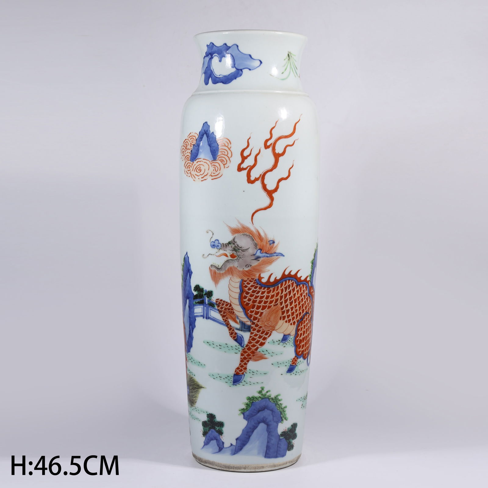 A BLUE-AND-WHITE CYLINDRICAL VASE WITH QILIN MOTIFS (1 of 10)