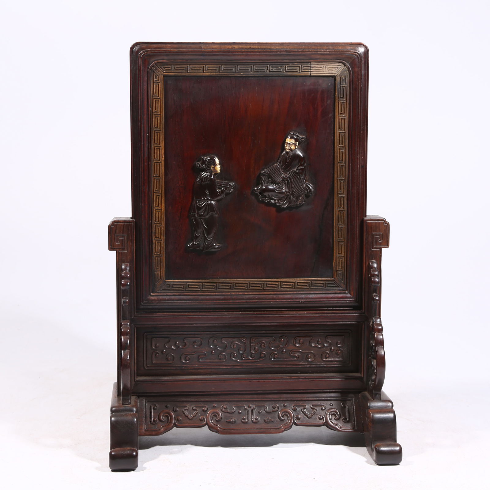 A HUANGHUALI WOOD TABLE SCREEN INLAID WITH ZITAN WOOD, DEPICTING FIGURES AND STORIES: Huanghuali Wood Table Screen Inlaid with Zitan Wood, Depicting Figures and Stories