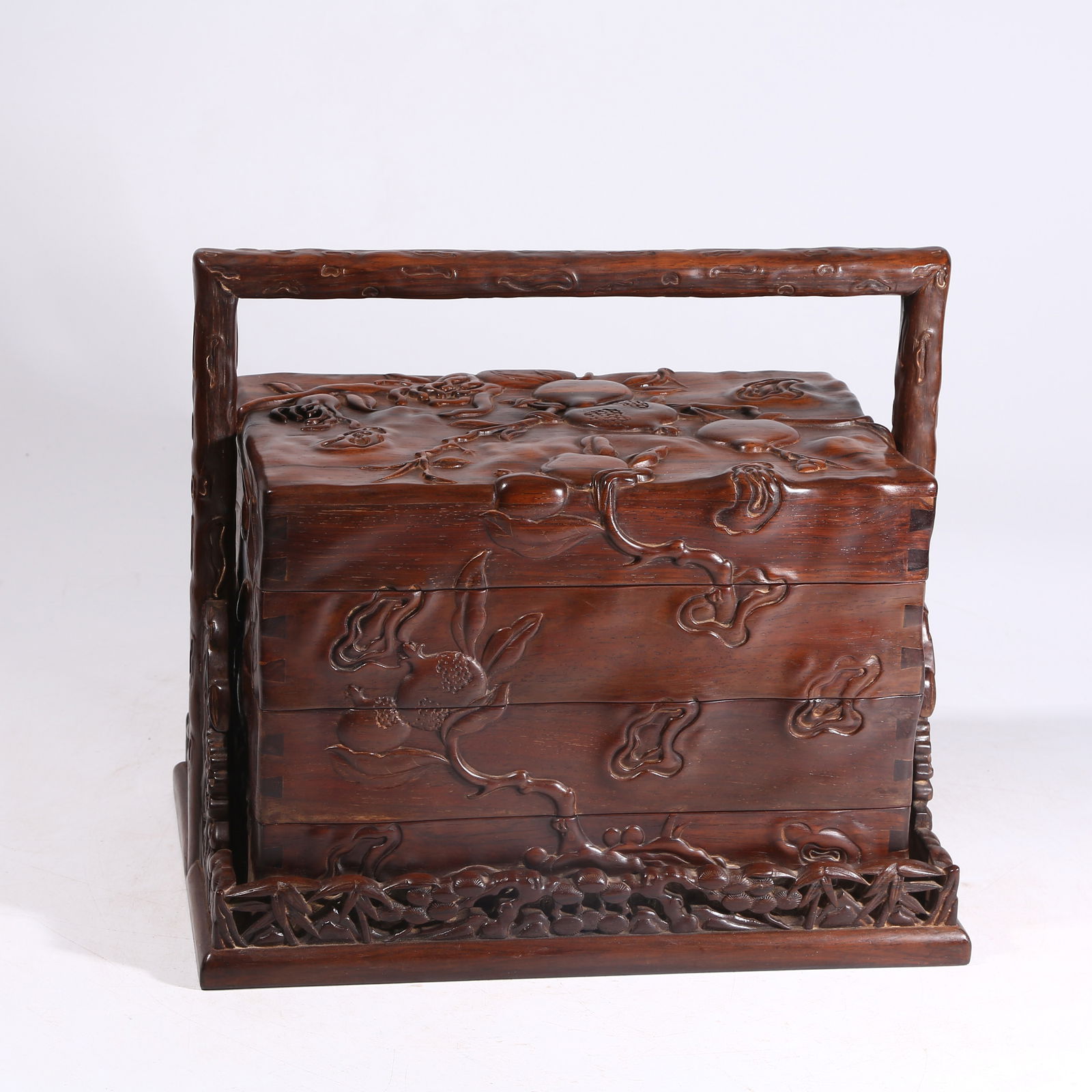 A HUANGHUALI WOOD HAND-CARRIED COVERED BOX WITH "THREE ABUNDANCES" PATTERN (1 of 9)