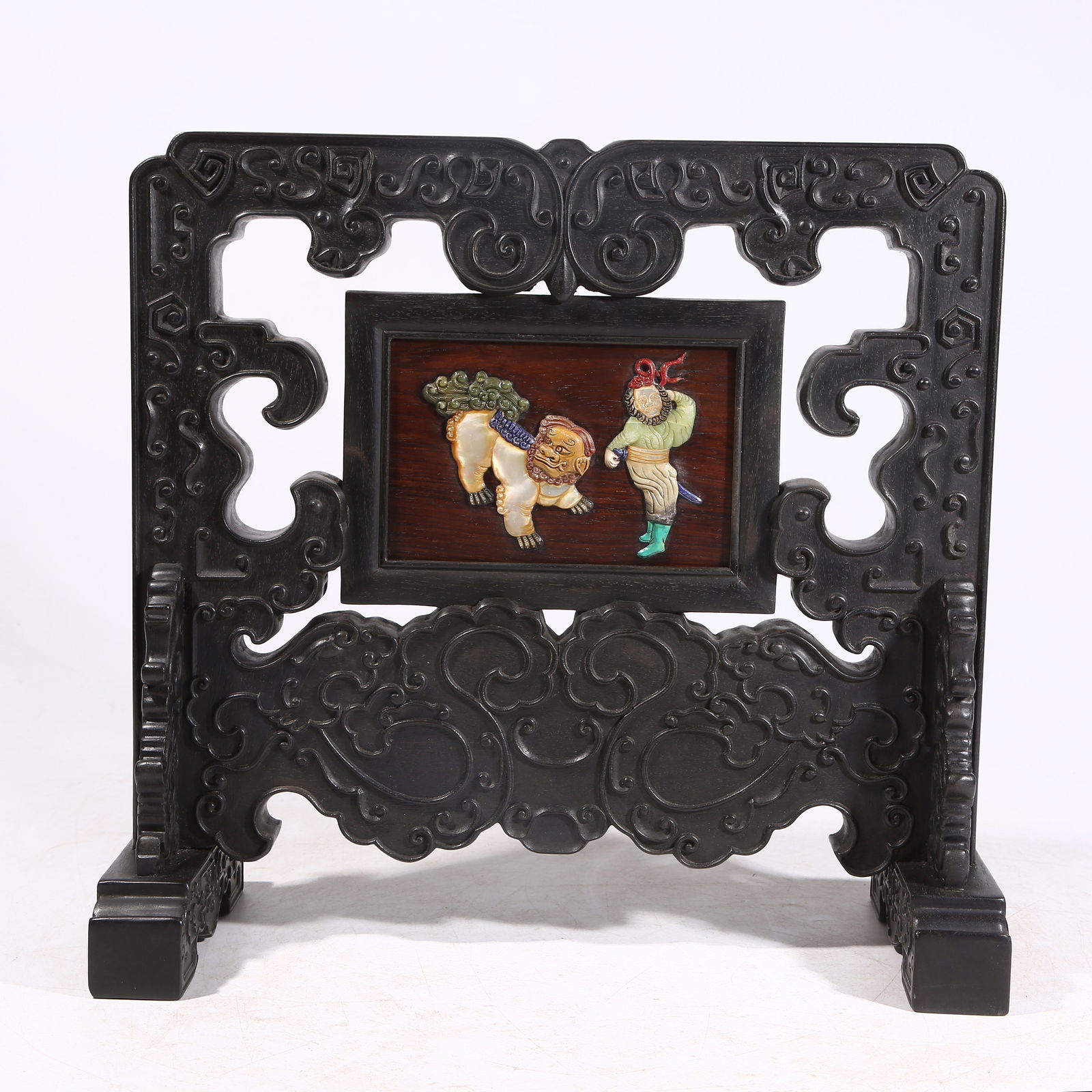 A ZITAN WOOD TABLE SCREEN WITH PRECIOUS INLAYS, DEPICTING HU PEOPLE PLAYING WITH LIONS (1 of 9)