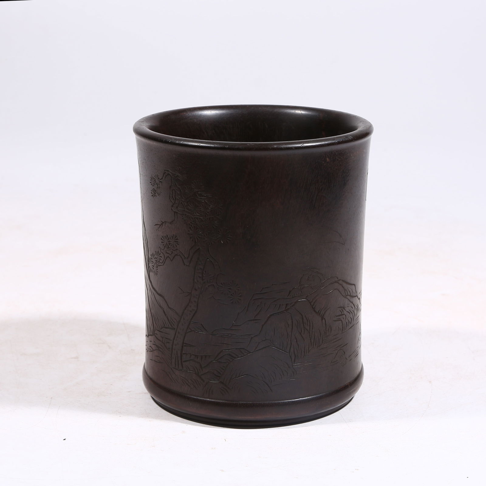 A ZITAN WOOD BRUSH POT WITH LANDSCAPE PATTERN: Zitan Wood Brush Pot with Landscape Pattern