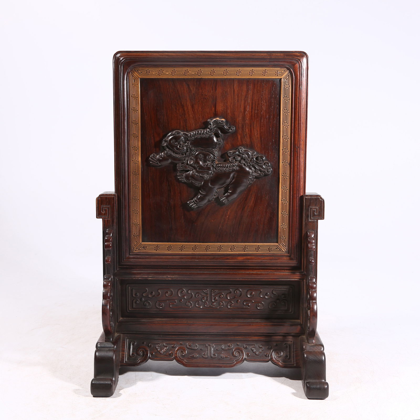 A HUANGHUALI WOOD TABLE SCREEN INLAID WITH ZITAN WOOD, AUSPICIOUS LION MOTIF (1 of 9)