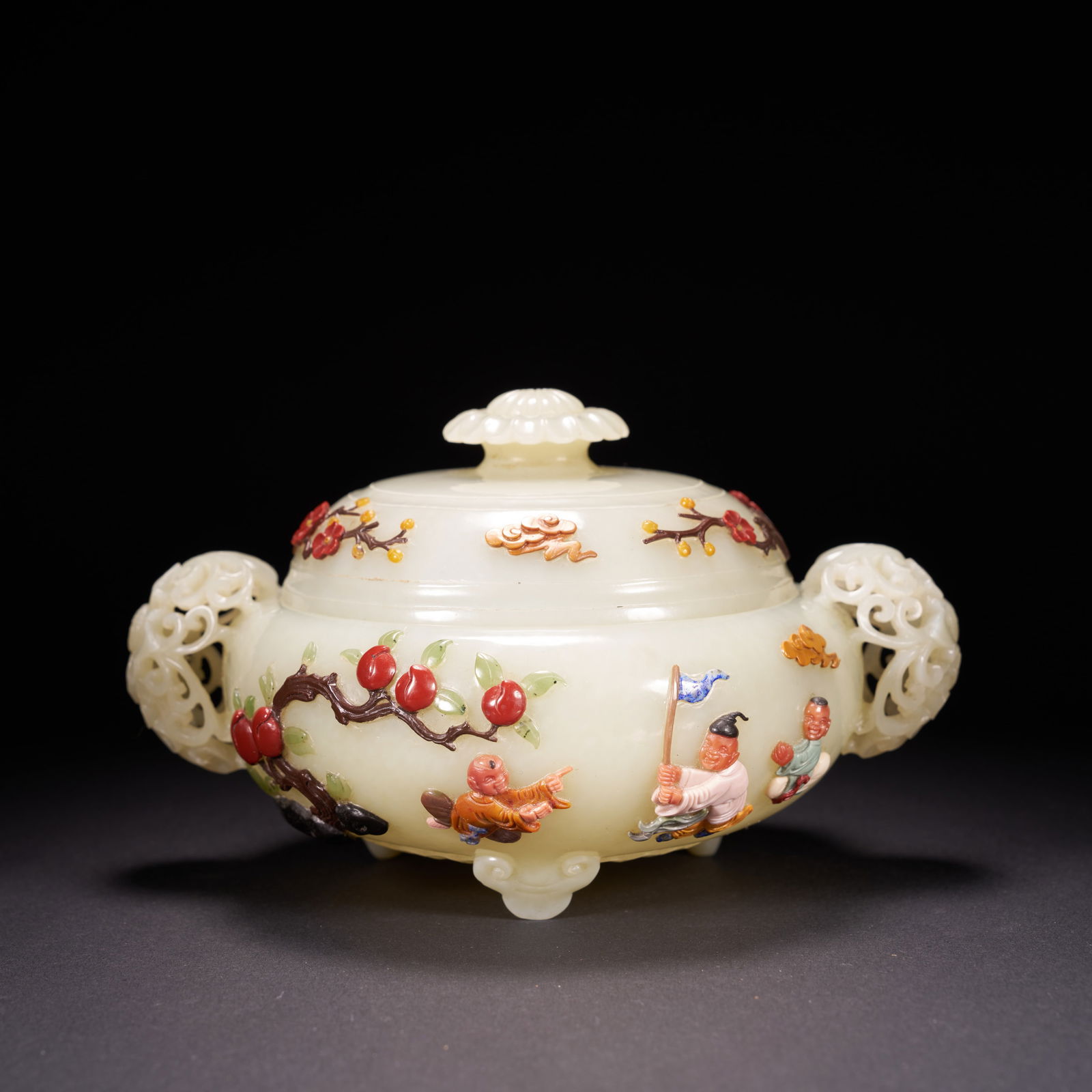 A HETIAN JADE OPENWORK LIDDED CENSER WITH TWIN HANDLES, INLAID WITH PRECIOUS MATERIALS DEPICTING A (1 of 8)