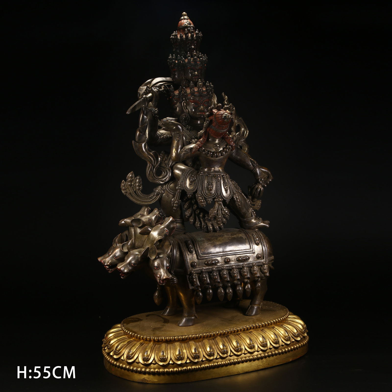 A GILT SILVER BRONZE STATUE OF DHARMAPALA VAJRA DEITY: Gilt silver bronze statue of Dharmapala Vajra Deity