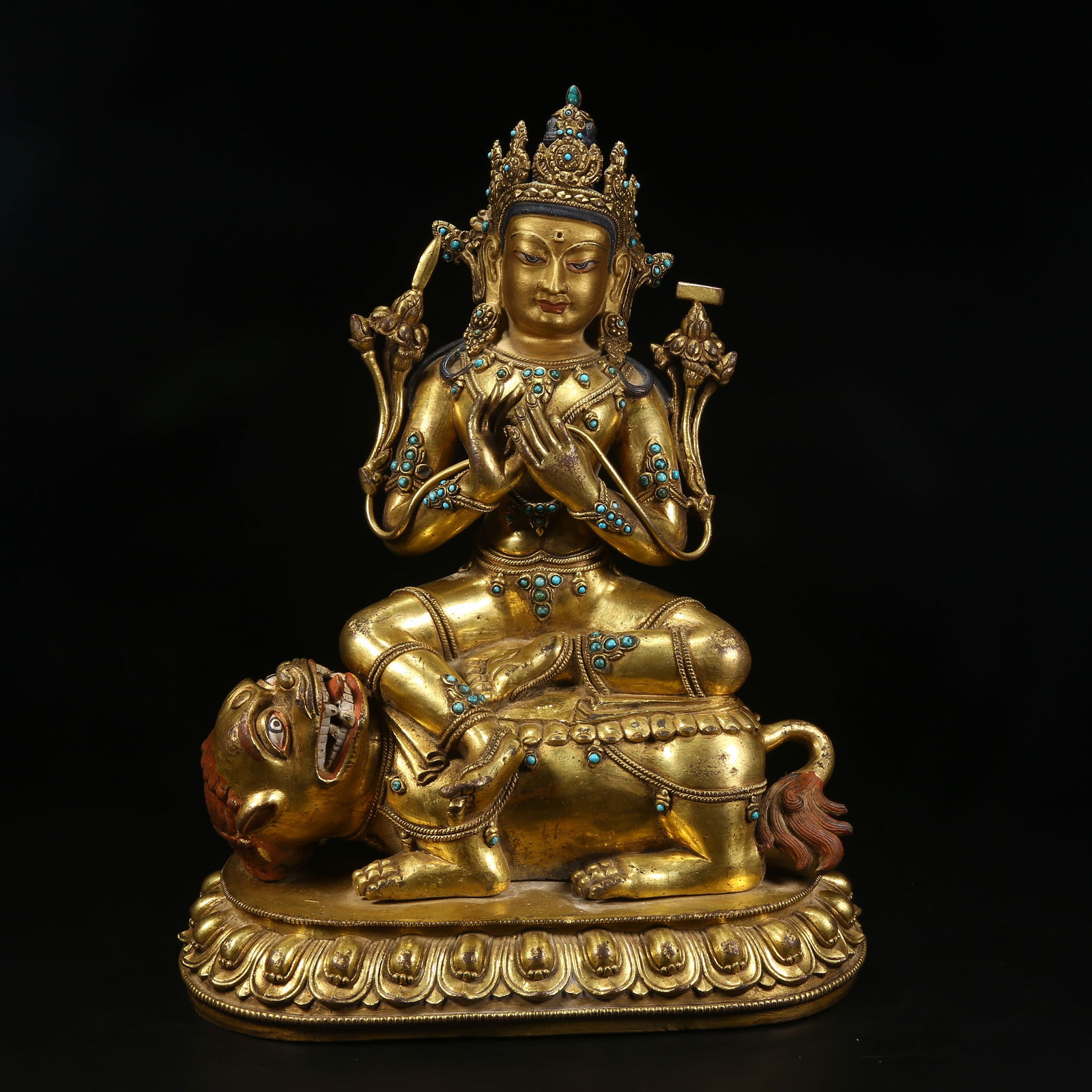 A GILT BRONZE STATUE OF MANJUSHRI BODHISATTVA: Gilt bronze statue of Manjushri Bodhisattva