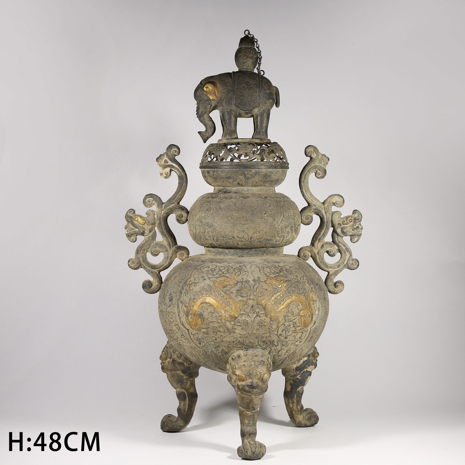 A SILVER PARTIAL GILDED DRAGON PATTERN INCENSE BURNER (1 of 10)