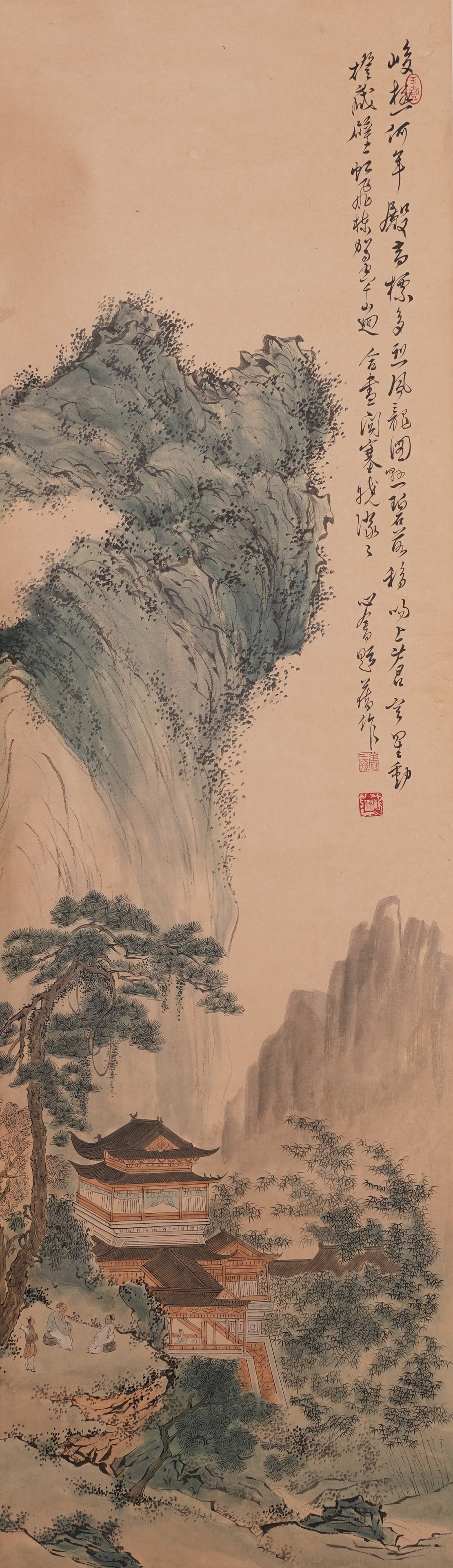 A LANDSCAPE AND PAVILION PAINTING ON PAPER BY PU RU.溥儒: Landscape and pavilion painting on paper by Pu Ru.溥儒