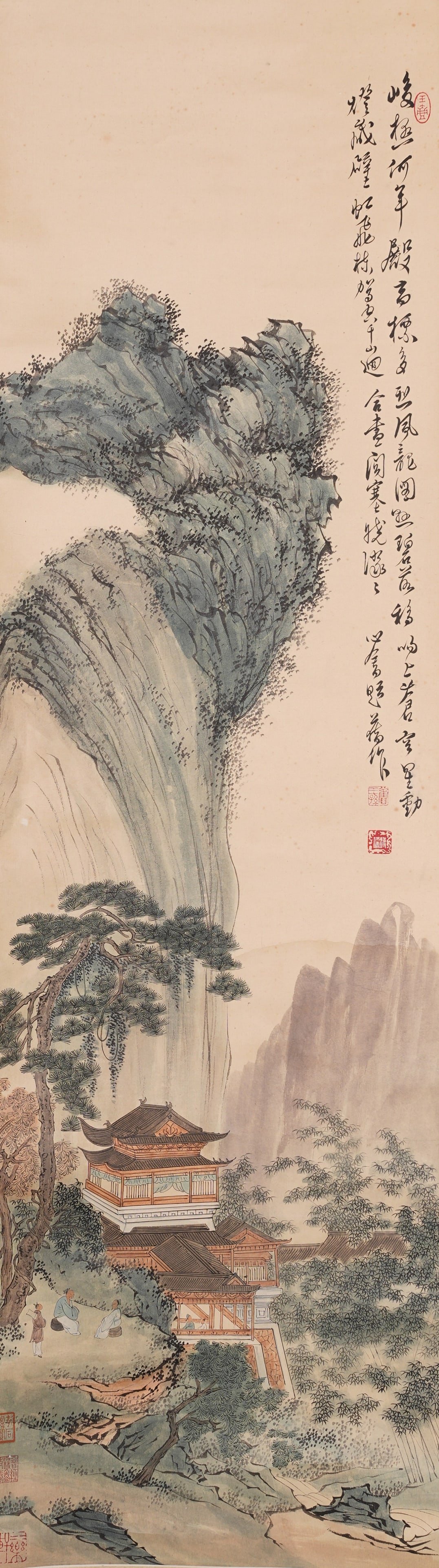 A LANDSCAPE WITH PAVILIONS PAINTING ON PAPER BY PU RU.溥儒: Landscape with Pavilions Painting on Paper by Pu Ru.溥儒