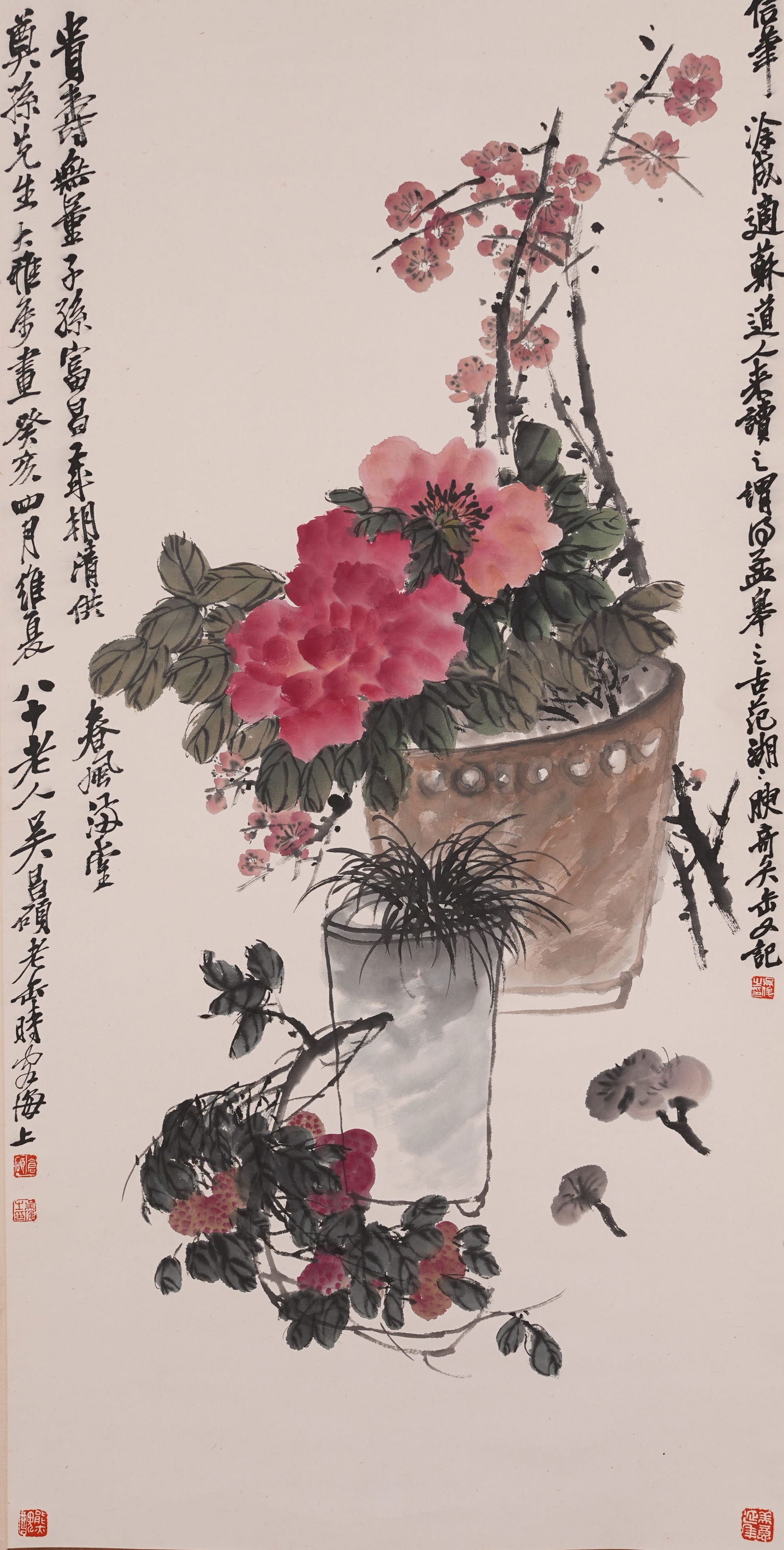 A FLOWER PAINTING ON PAPER BY WU CHANGSHUO.吳昌碩: Flower Painting on Paper by Wu Changshuo.吳昌碩